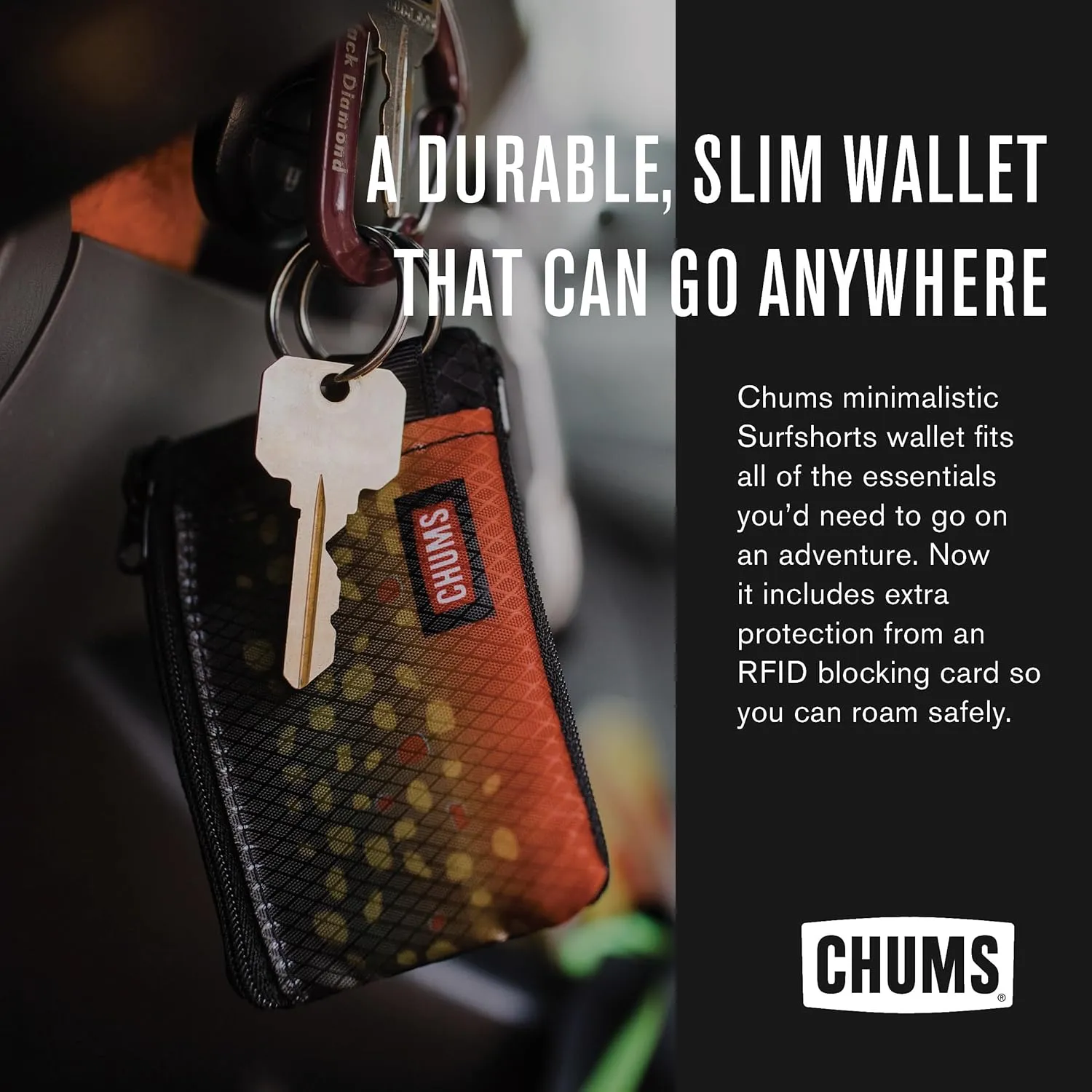 Chums Surfshorts Wallet - Lightweight Zippered Minimalist Wallet with Clear ID Window - Water Resistant with Key Ring