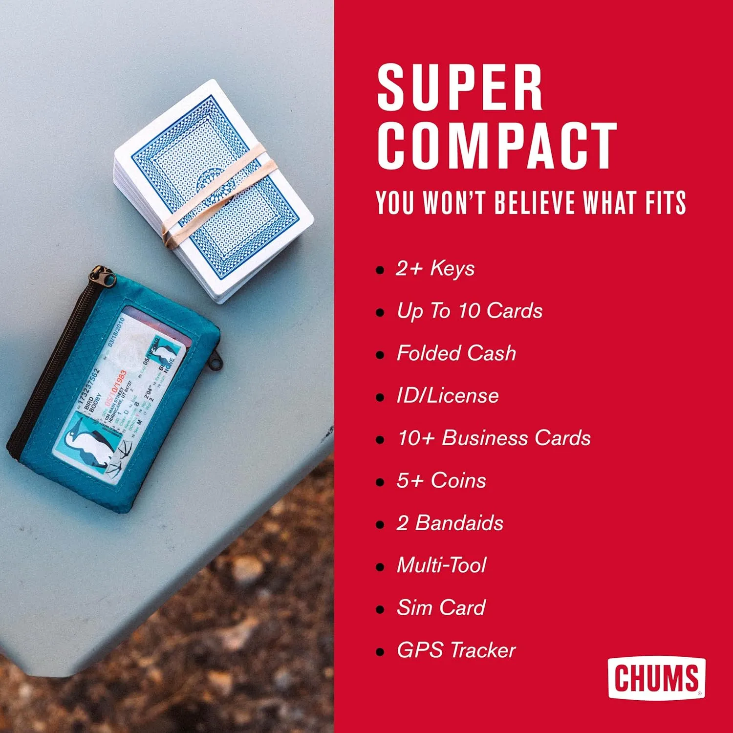 Chums Surfshorts Wallet - Lightweight Zippered Minimalist Wallet with Clear ID Window - Water Resistant with Key Ring