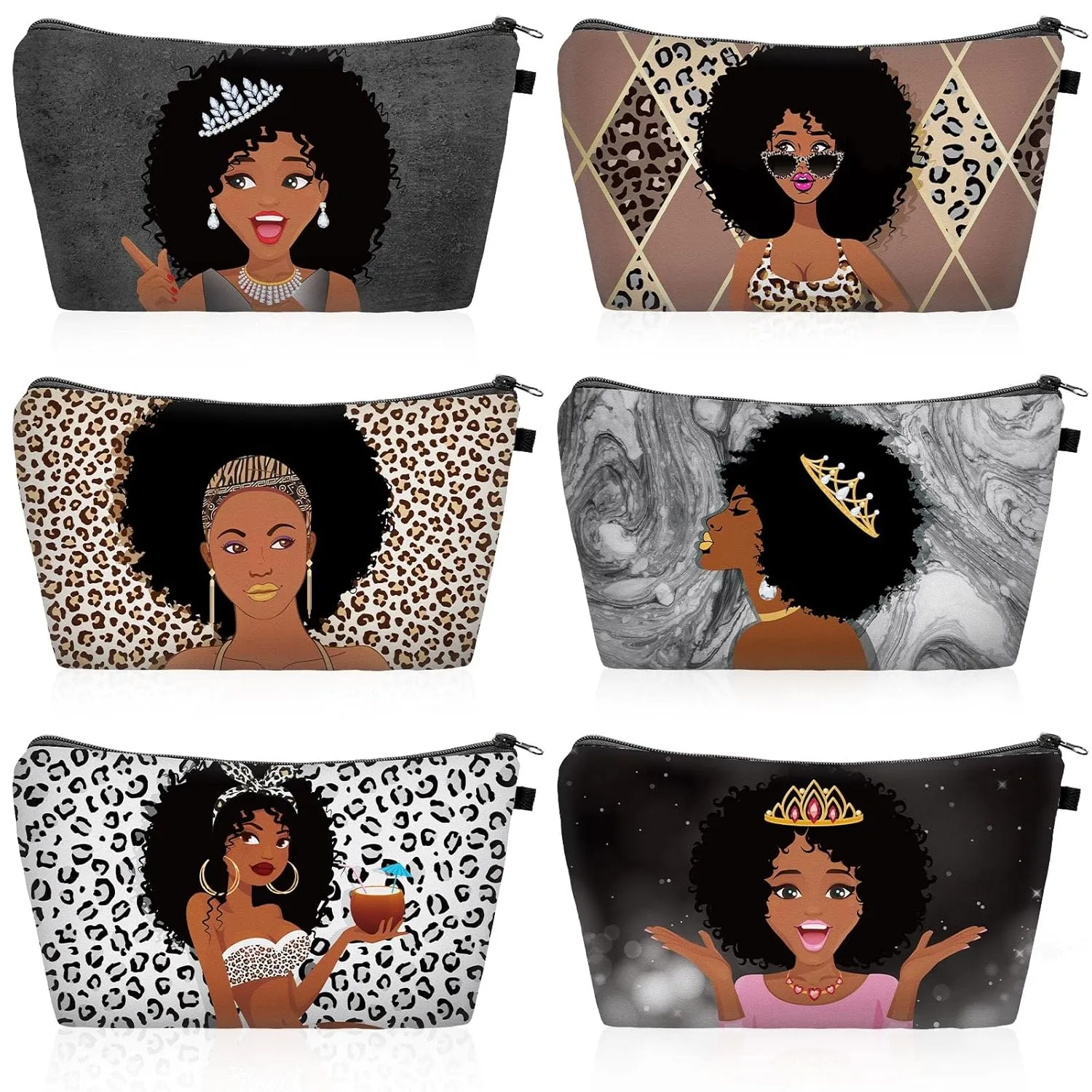 Chunful 6 Pcs Women Girl Makeup Bag African American Queen Cosmetic Pouch Canvas Travel Toiletry Zippered Reusable Multi Purpose Organizers for Lady Gifts (Elegant)