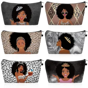 Chunful 6 Pcs Women Girl Makeup Bag African American Queen Cosmetic Pouch Canvas Travel Toiletry Zippered Reusable Multi Purpose Organizers for Lady Gifts (Elegant)