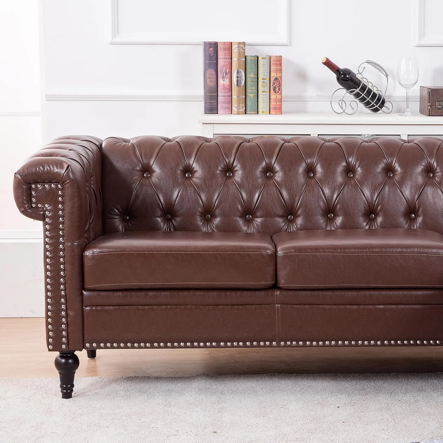 Clasic Chesterfield 5 Seater Corner Sofa&Couch Luxury Roller Armrest L-Shaped Symmetrical Sectional Sofa Couch Faux Leather Tufted Indoor Upholstered Sofá W/ Wood Legs and Nailhead for Living Room