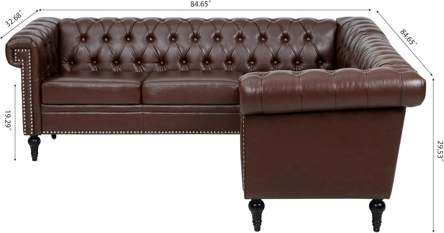 Clasic Chesterfield 5 Seater Corner Sofa&Couch Luxury Roller Armrest L-Shaped Symmetrical Sectional Sofa Couch Faux Leather Tufted Indoor Upholstered Sofá W/ Wood Legs and Nailhead for Living Room