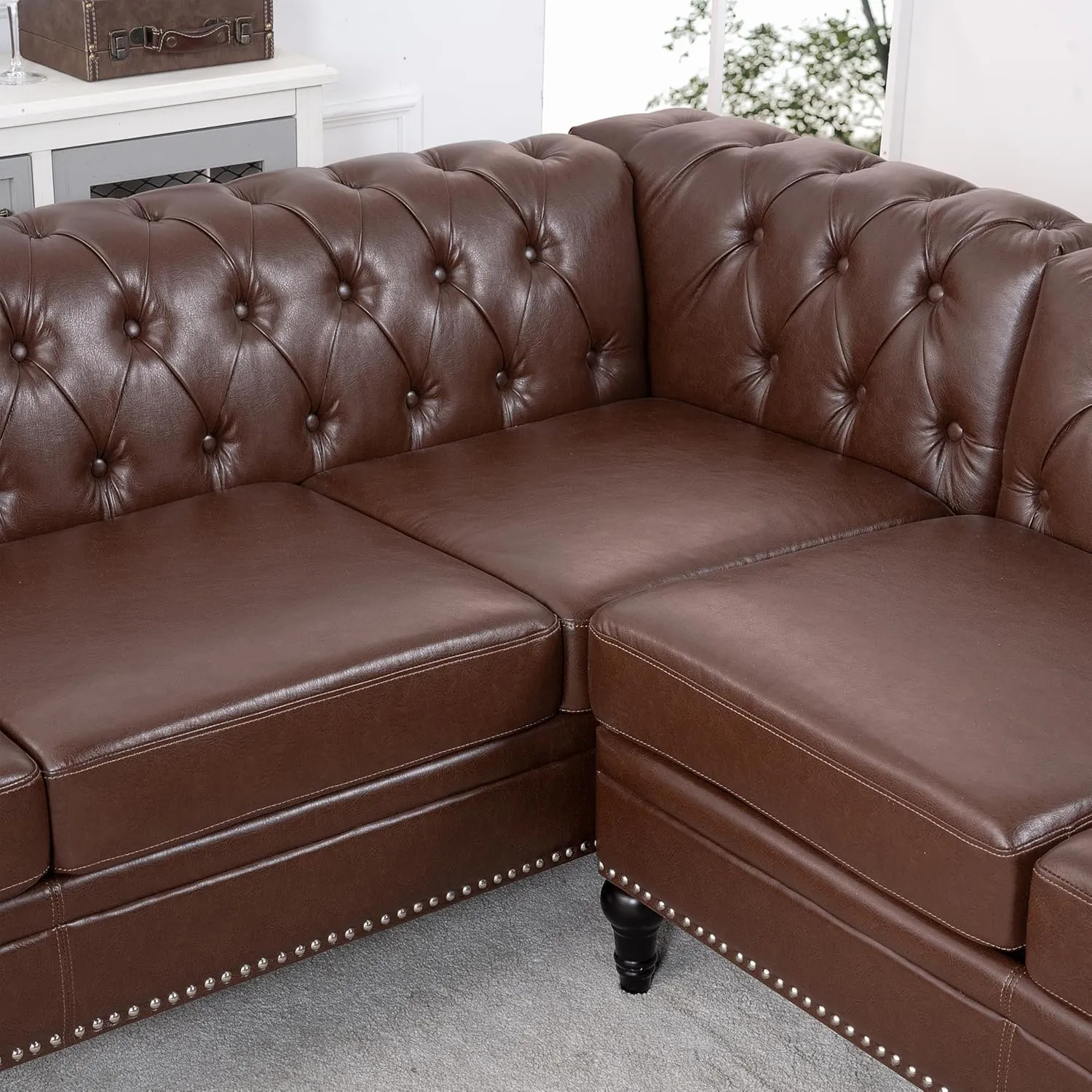 Clasic Chesterfield 5 Seater Corner Sofa&Couch Luxury Roller Armrest L-Shaped Symmetrical Sectional Sofa Couch Faux Leather Tufted Indoor Upholstered Sofá W/ Wood Legs and Nailhead for Living Room