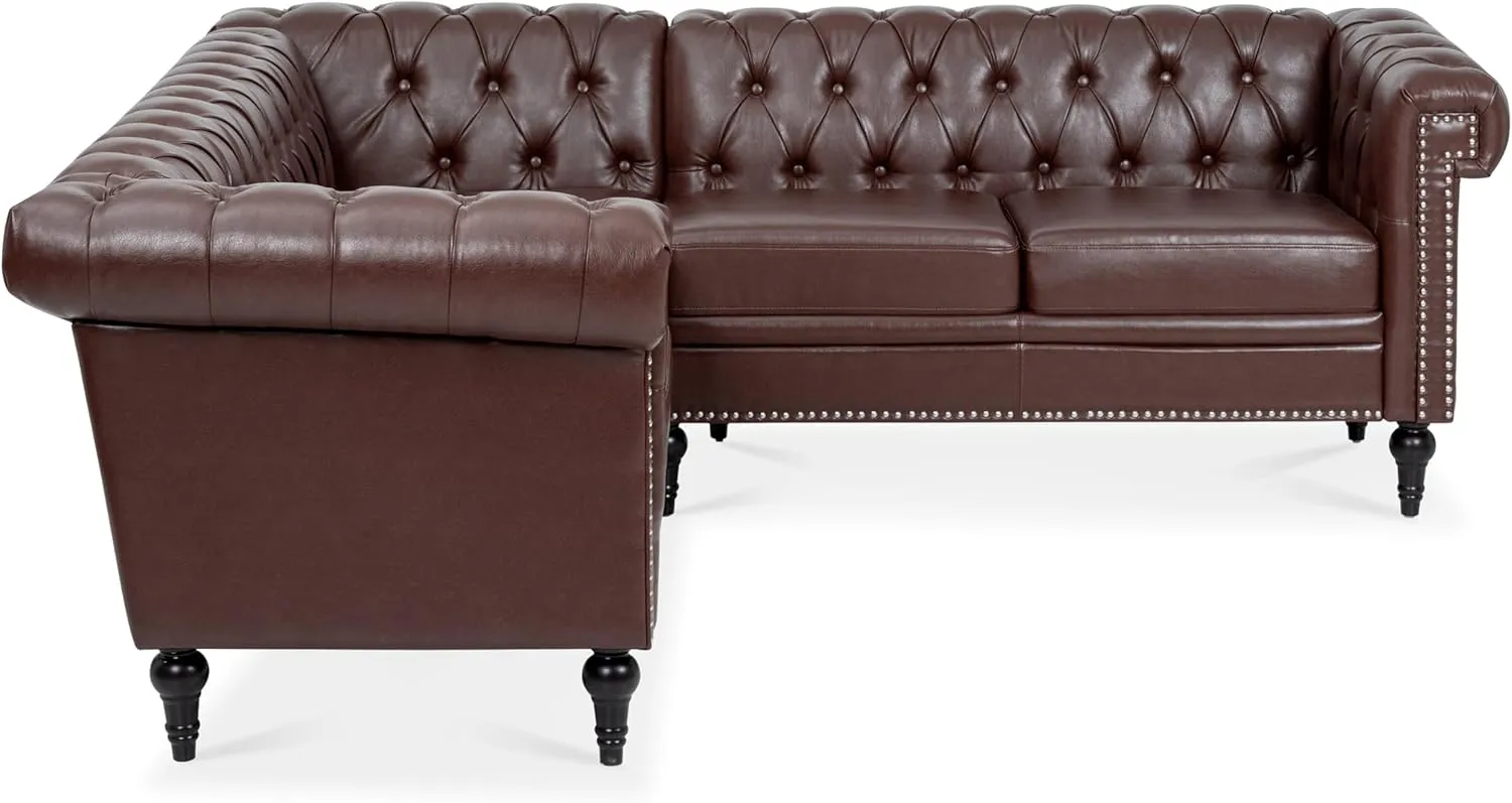 Clasic Chesterfield 5 Seater Corner Sofa&Couch Luxury Roller Armrest L-Shaped Symmetrical Sectional Sofa Couch Faux Leather Tufted Indoor Upholstered Sofá W/ Wood Legs and Nailhead for Living Room