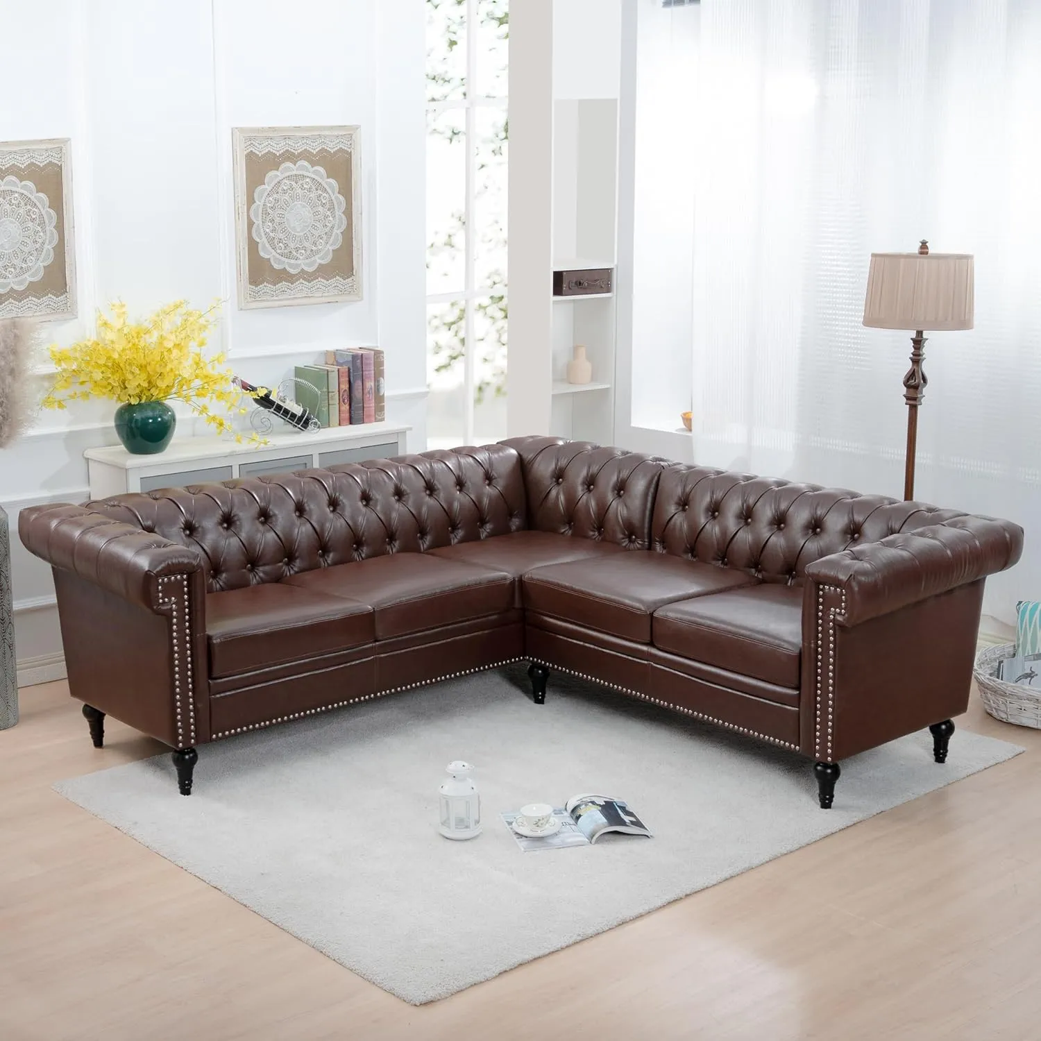Clasic Chesterfield 5 Seater Corner Sofa&Couch Luxury Roller Armrest L-Shaped Symmetrical Sectional Sofa Couch Faux Leather Tufted Indoor Upholstered Sofá W/ Wood Legs and Nailhead for Living Room