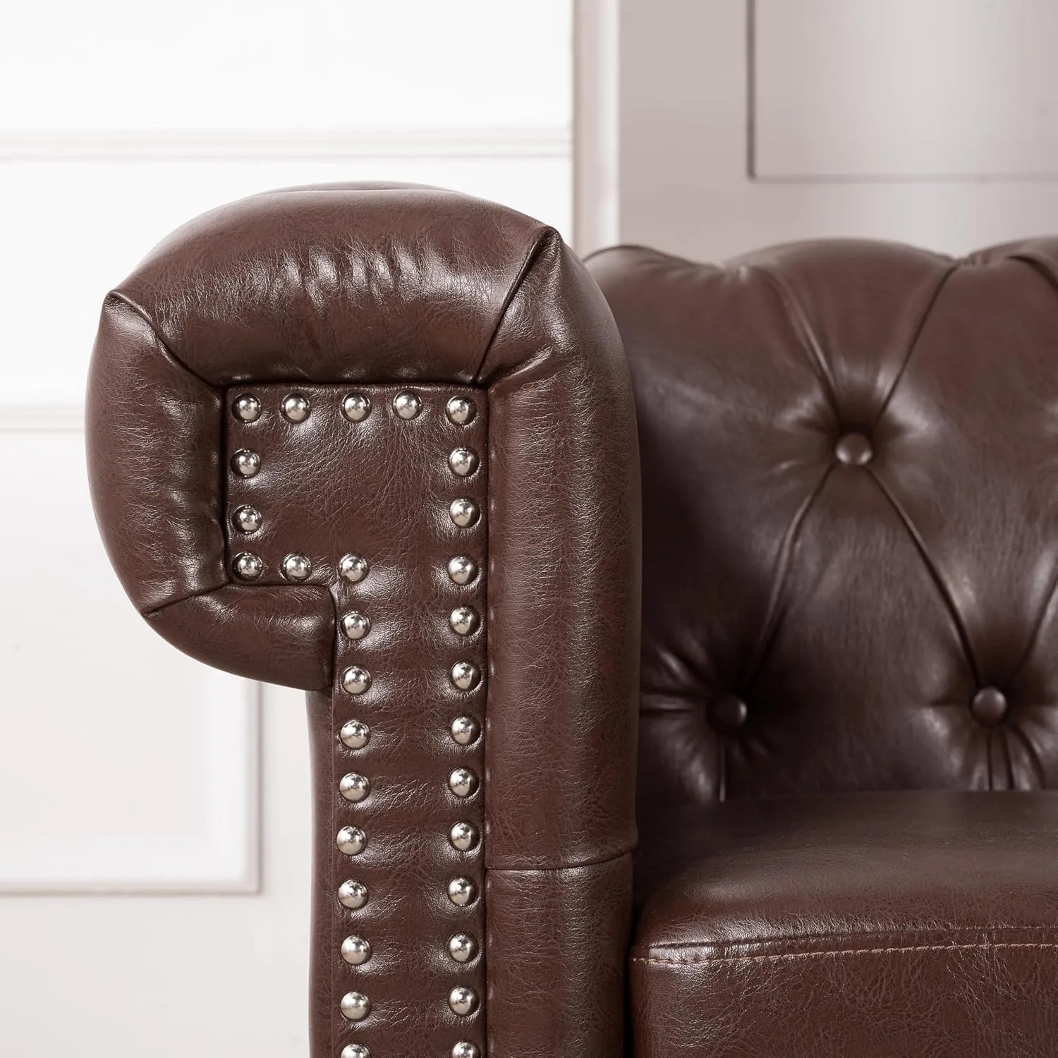 Clasic Chesterfield 5 Seater Corner Sofa&Couch Luxury Roller Armrest L-Shaped Symmetrical Sectional Sofa Couch Faux Leather Tufted Indoor Upholstered Sofá W/ Wood Legs and Nailhead for Living Room