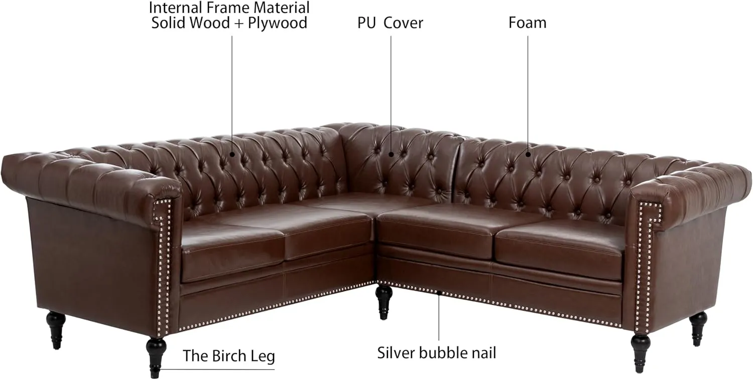 Clasic Chesterfield 5 Seater Corner Sofa&Couch Luxury Roller Armrest L-Shaped Symmetrical Sectional Sofa Couch Faux Leather Tufted Indoor Upholstered Sofá W/ Wood Legs and Nailhead for Living Room