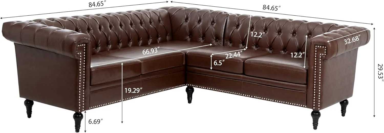 Clasic Chesterfield 5 Seater Corner Sofa&Couch Luxury Roller Armrest L-Shaped Symmetrical Sectional Sofa Couch Faux Leather Tufted Indoor Upholstered Sofá W/ Wood Legs and Nailhead for Living Room