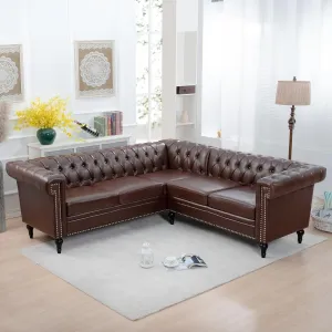 Clasic Chesterfield 5 Seater Corner Sofa&Couch Luxury Roller Armrest L-Shaped Symmetrical Sectional Sofa Couch Faux Leather Tufted Indoor Upholstered Sofá W/ Wood Legs and Nailhead for Living Room