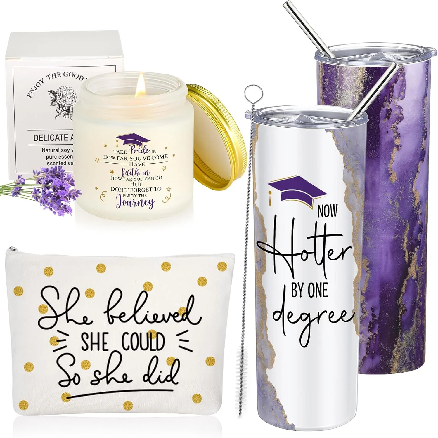 Class of 2025 Graduation Gift Set for Her Women 20oz Marble Tumbler She Believe Makeup Bag Scented Candle Inspirational Graduation Gifts for High School College Daughter Sister(Purple)
