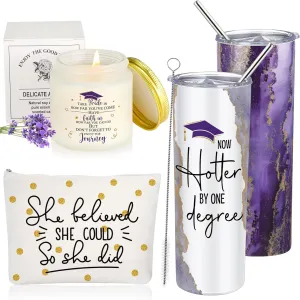 Class of 2025 Graduation Gift Set for Her Women 20oz Marble Tumbler She Believe Makeup Bag Scented Candle Inspirational Graduation Gifts for High School College Daughter Sister(Purple)