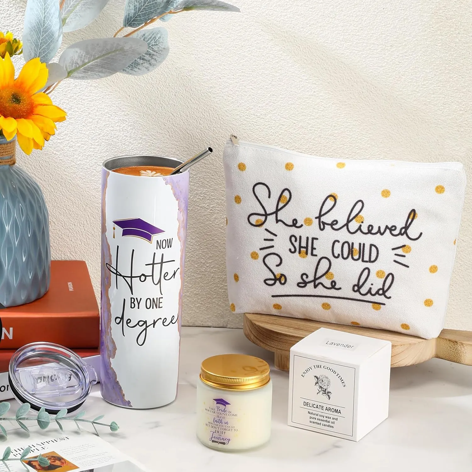 Class of 2025 Graduation Gift Set for Her Women 20oz Marble Tumbler She Believe Makeup Bag Scented Candle Inspirational Graduation Gifts for High School College Daughter Sister(Purple)