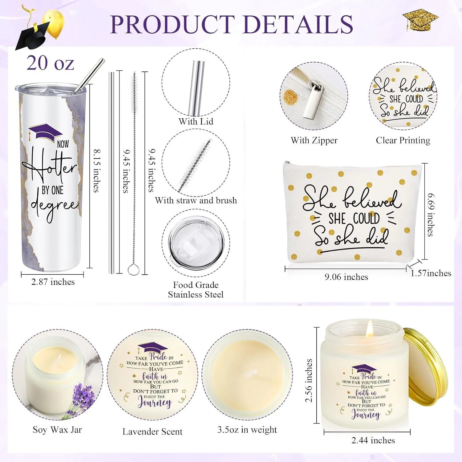Class of 2025 Graduation Gift Set for Her Women 20oz Marble Tumbler She Believe Makeup Bag Scented Candle Inspirational Graduation Gifts for High School College Daughter Sister(Purple)