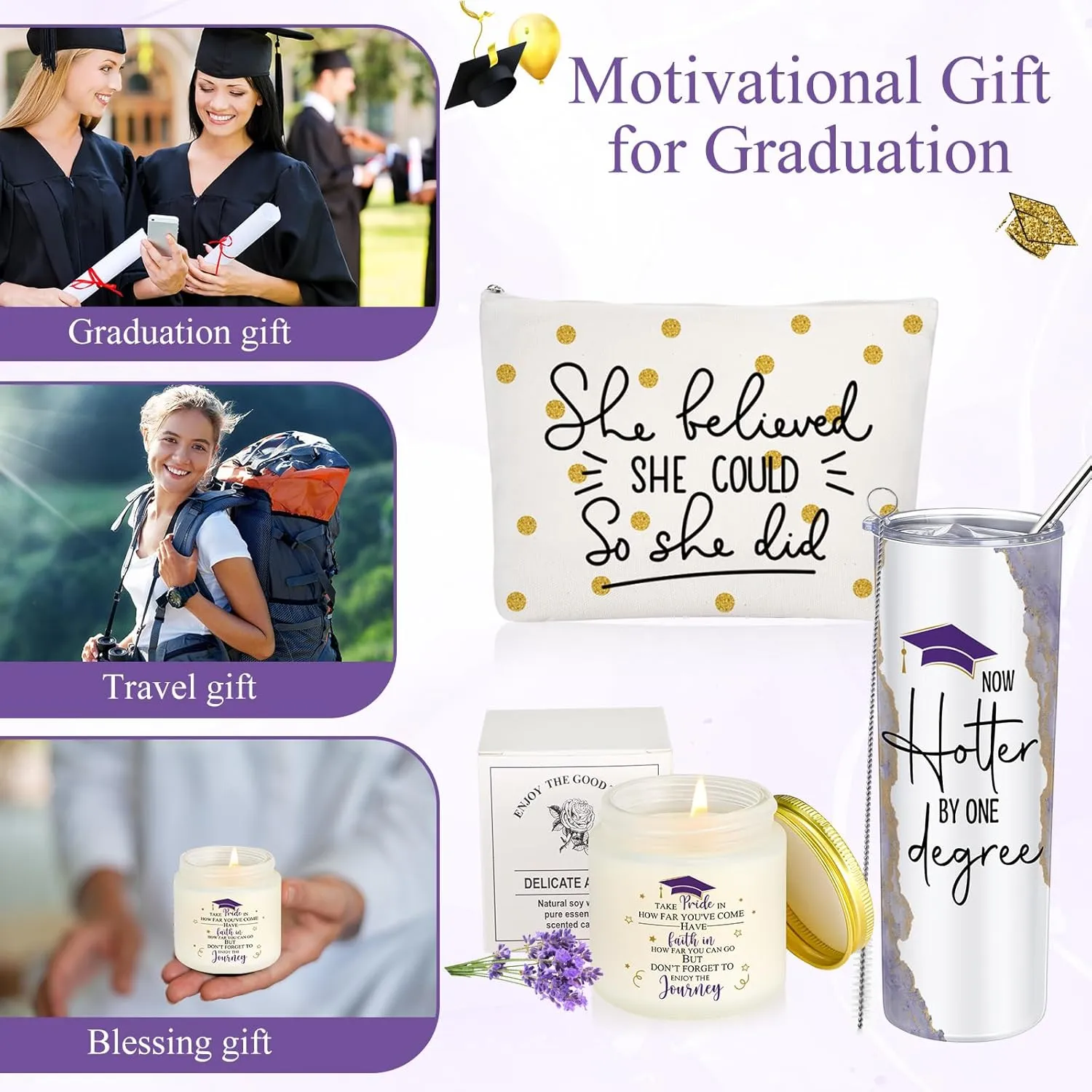Class of 2025 Graduation Gift Set for Her Women 20oz Marble Tumbler She Believe Makeup Bag Scented Candle Inspirational Graduation Gifts for High School College Daughter Sister(Purple)