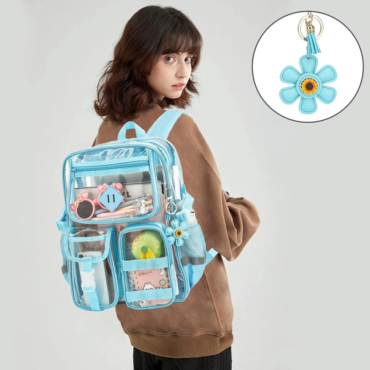 Clear Backpack for School, Heavy Duty Transparent Bookbag for Girls Women with Sunflower Keychain