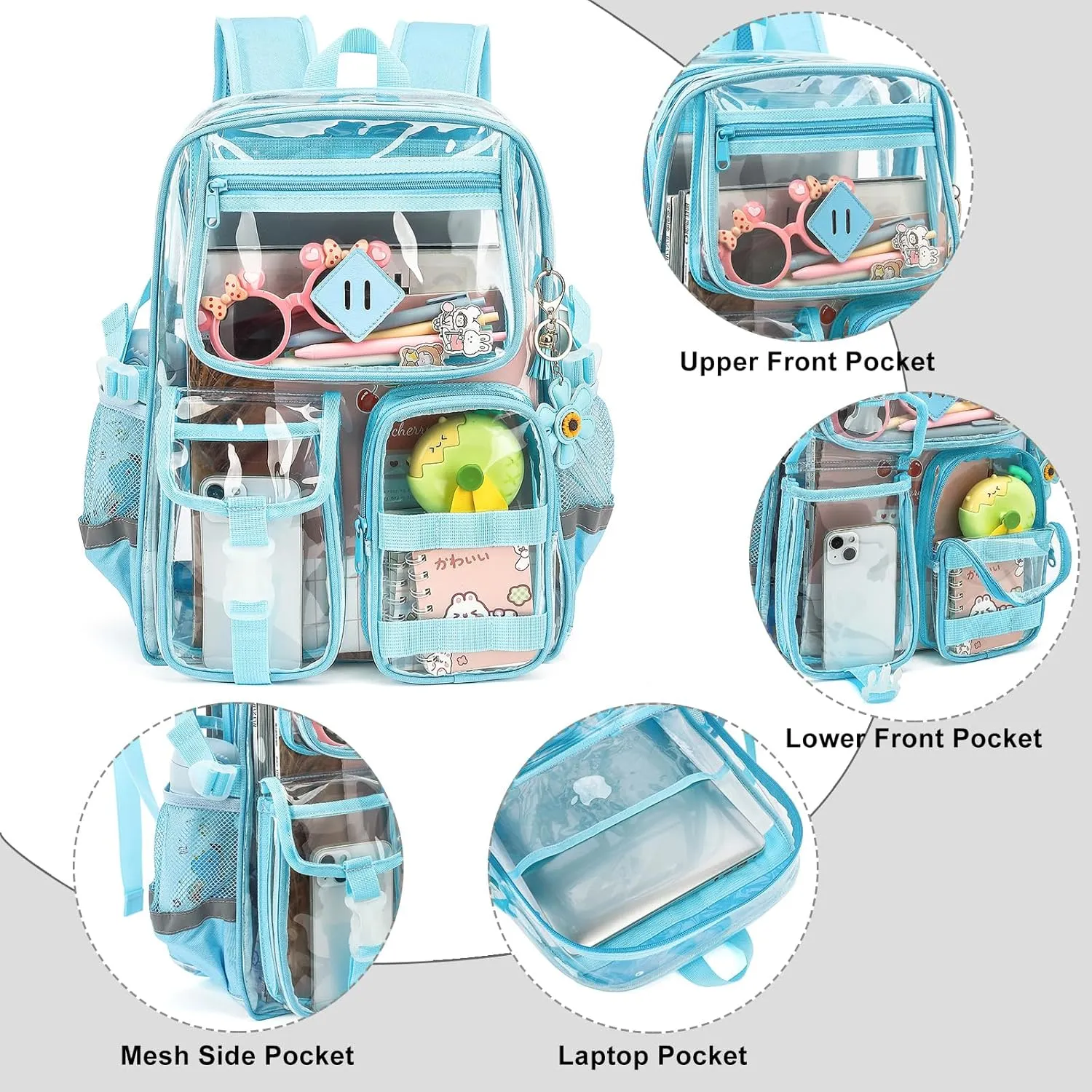 Clear Backpack for School, Heavy Duty Transparent Bookbag for Girls Women with Sunflower Keychain
