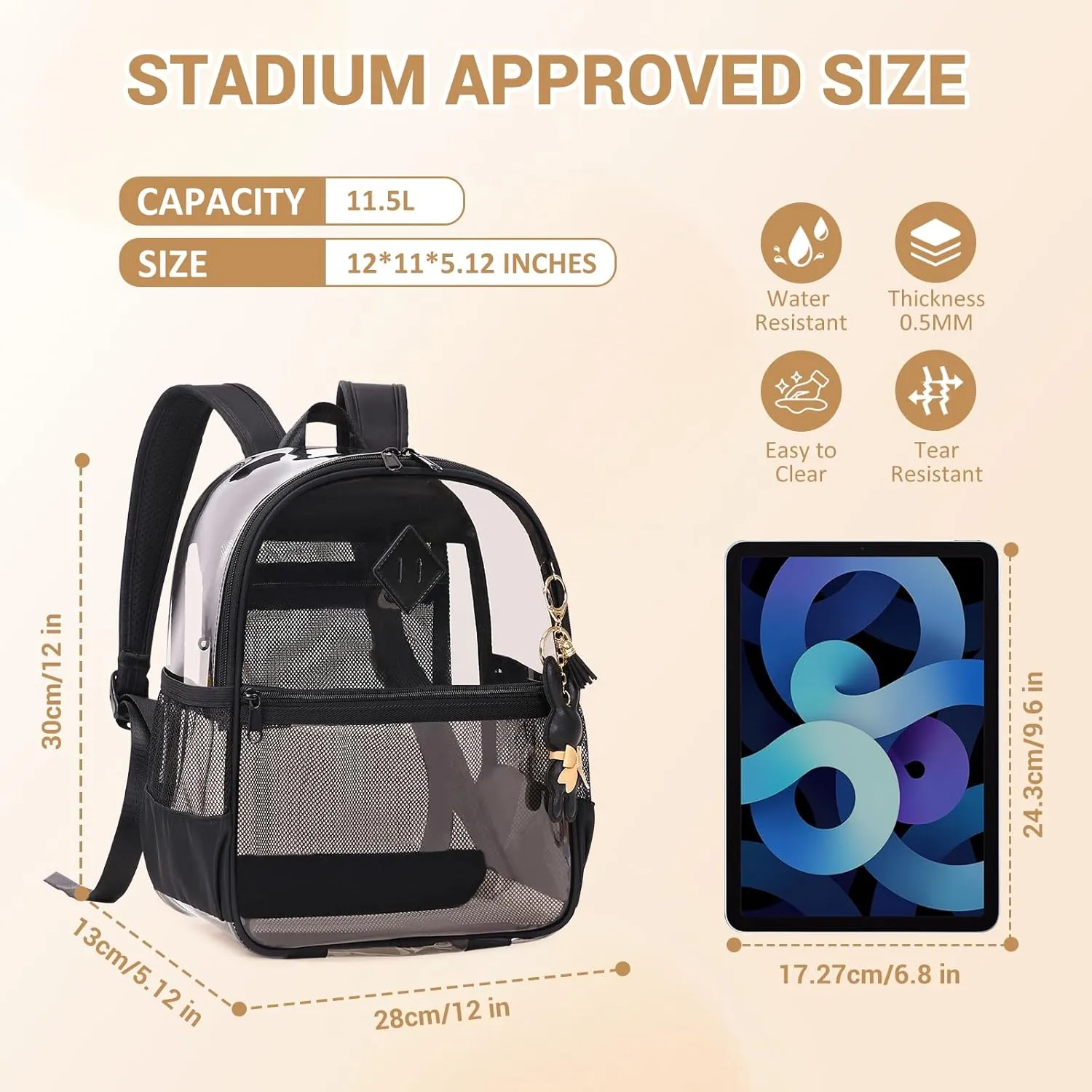 Clear Backpack for Stadium Events Approved 12×6×12, Thick TPU Mini Clear Bag with Front Pocket for Concert Sport Events Work Travel, Black