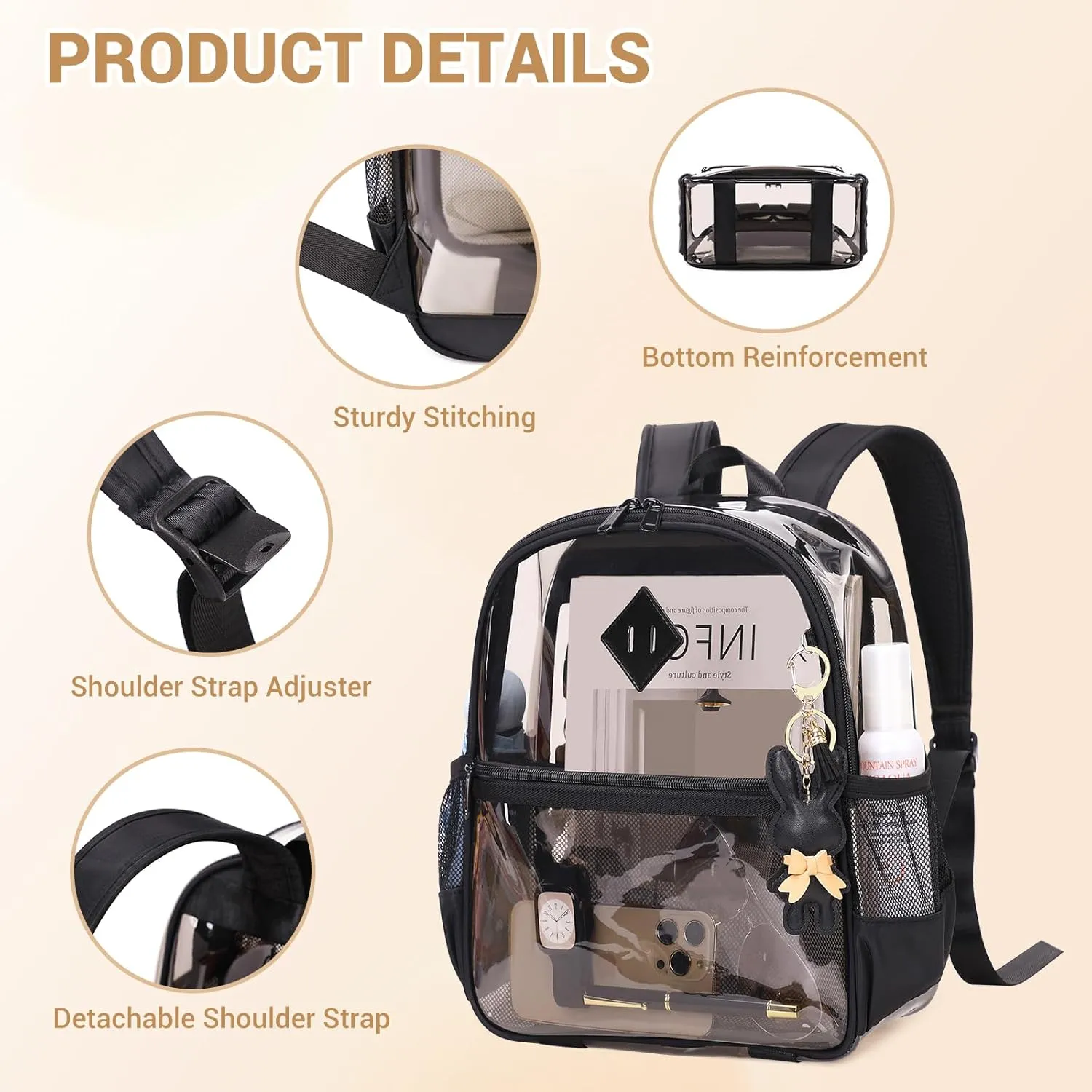 Clear Backpack for Stadium Events Approved 12×6×12, Thick TPU Mini Clear Bag with Front Pocket for Concert Sport Events Work Travel, Black