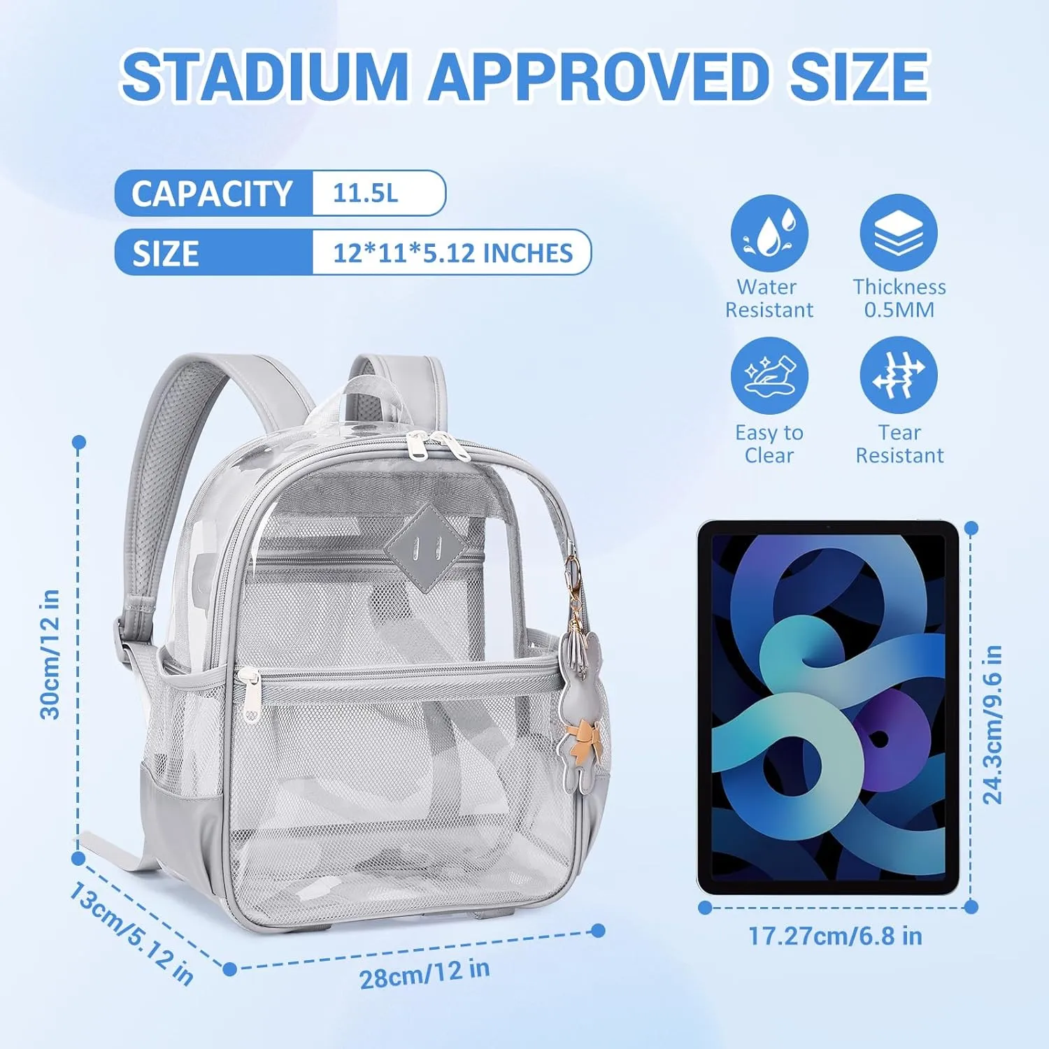 Clear Backpack for Stadium Events Approved 12×6×12, Thick TPU Mini Clear Bag with Front Pocket for Concert Sport Events Work Travel, Grey