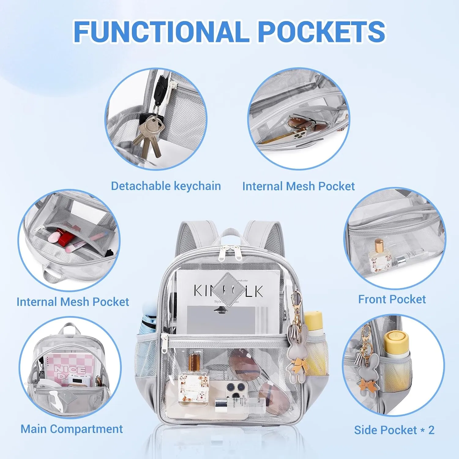 Clear Backpack for Stadium Events Approved 12×6×12, Thick TPU Mini Clear Bag with Front Pocket for Concert Sport Events Work Travel, Grey