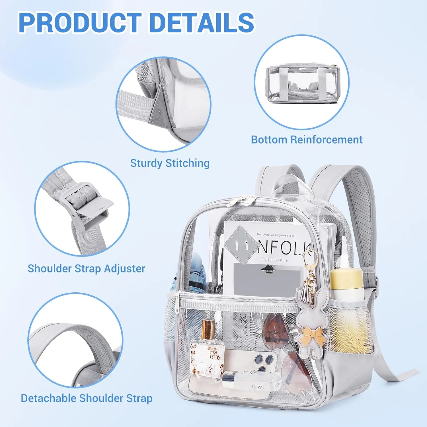 Clear Backpack for Stadium Events Approved 12×6×12, Thick TPU Mini Clear Bag with Front Pocket for Concert Sport Events Work Travel, Grey