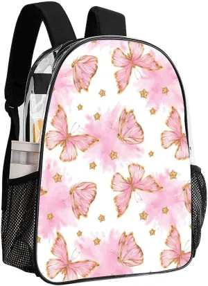 Clear Backpack Heavy Duty Butterfly Pink Gold Cute 16 Inch for Stadium Events Concert Travel Work Sport Hiking Waterproof Sturdy Transparent Bag for Men Women