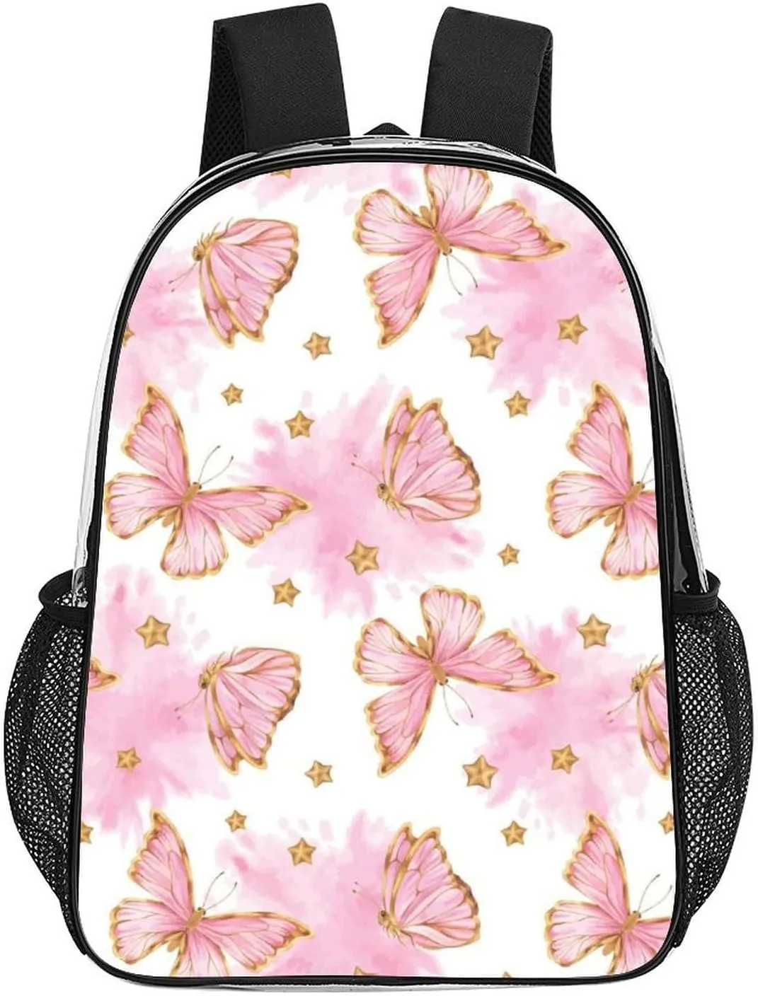 Clear Backpack Heavy Duty Butterfly Pink Gold Cute 16 Inch for Stadium Events Concert Travel Work Sport Hiking Waterproof Sturdy Transparent Bag for Men Women