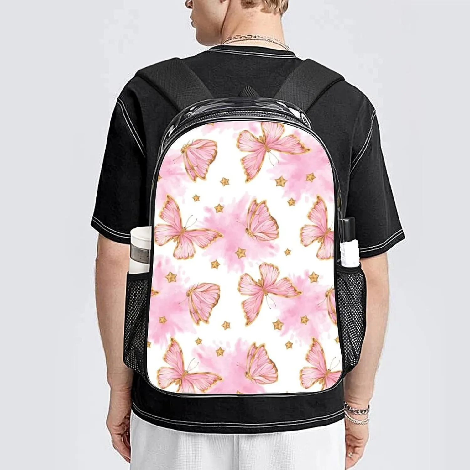 Clear Backpack Heavy Duty Butterfly Pink Gold Cute 16 Inch for Stadium Events Concert Travel Work Sport Hiking Waterproof Sturdy Transparent Bag for Men Women