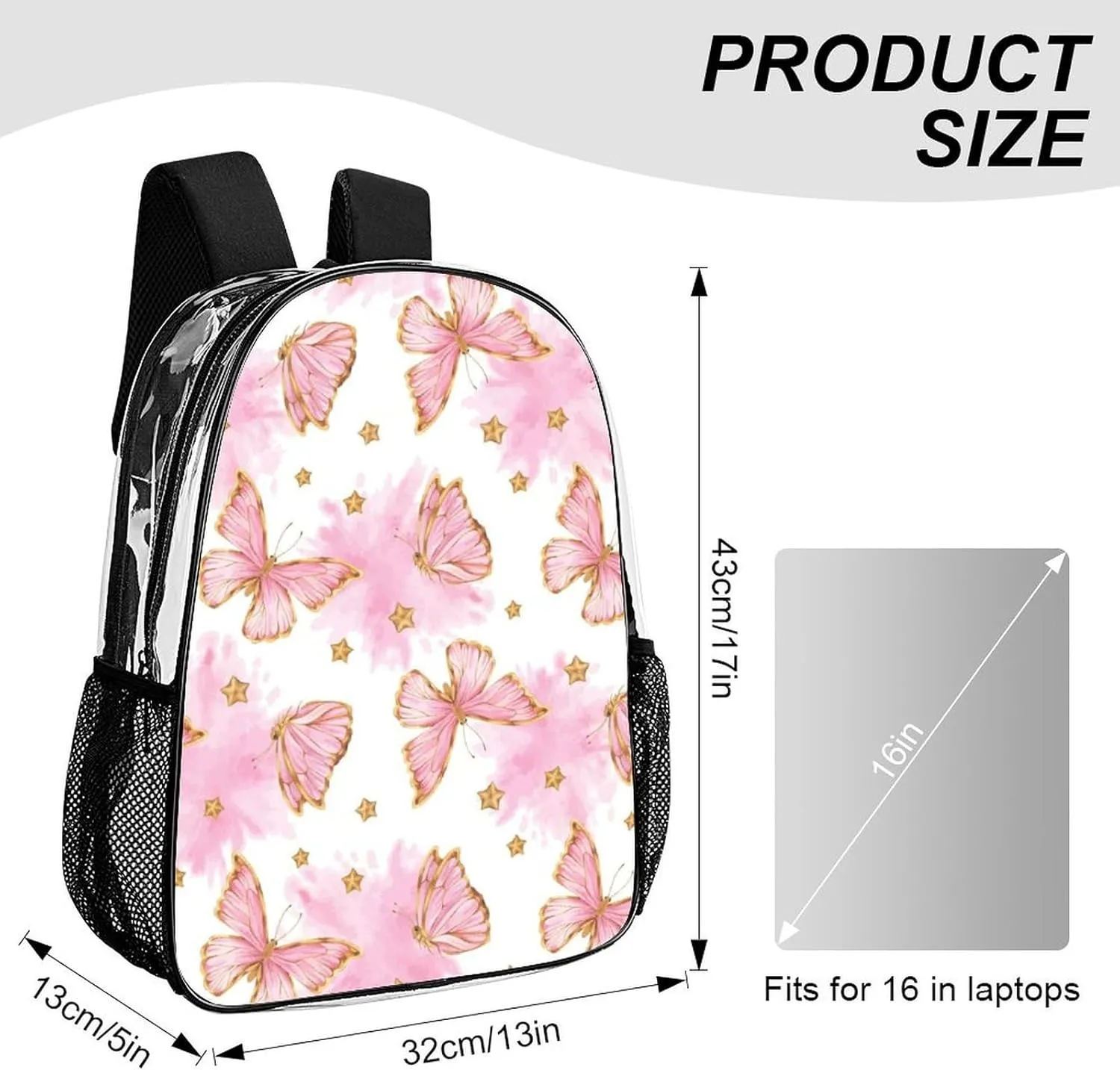 Clear Backpack Heavy Duty Butterfly Pink Gold Cute 16 Inch for Stadium Events Concert Travel Work Sport Hiking Waterproof Sturdy Transparent Bag for Men Women