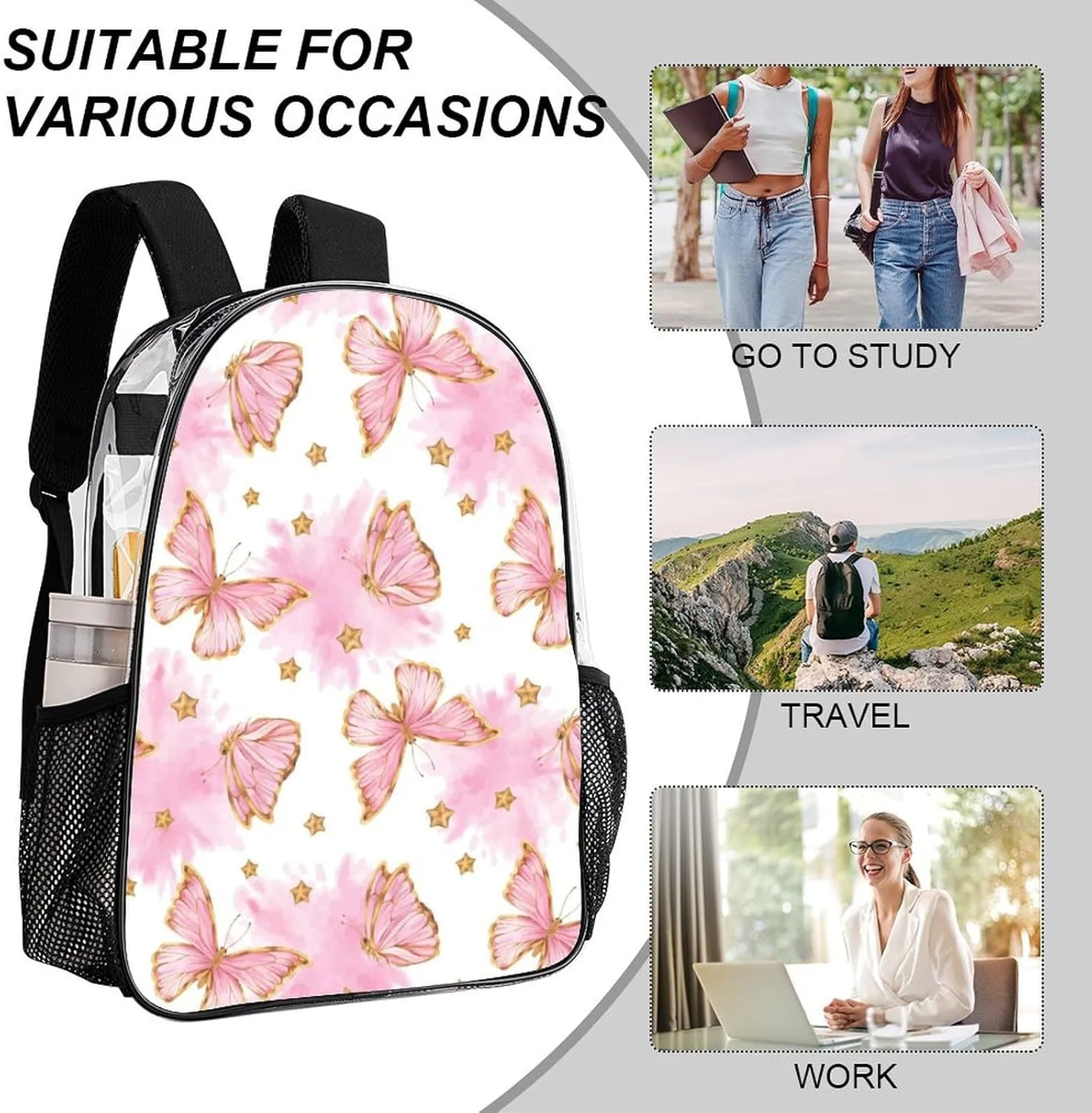 Clear Backpack Heavy Duty Butterfly Pink Gold Cute 16 Inch for Stadium Events Concert Travel Work Sport Hiking Waterproof Sturdy Transparent Bag for Men Women