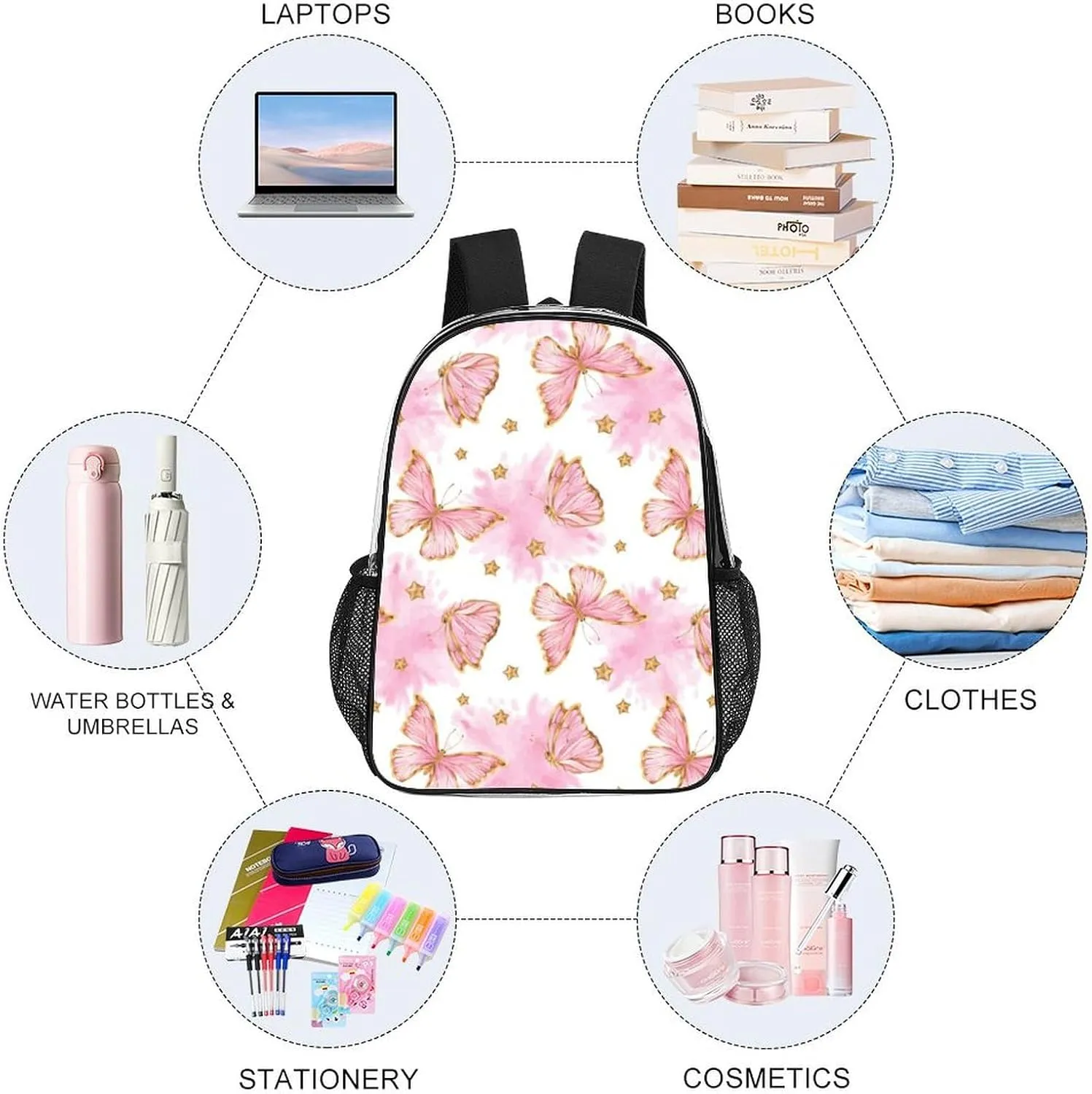 Clear Backpack Heavy Duty Butterfly Pink Gold Cute 16 Inch for Stadium Events Concert Travel Work Sport Hiking Waterproof Sturdy Transparent Bag for Men Women