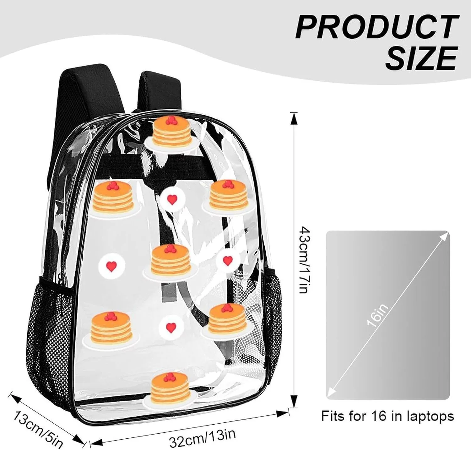 Clear Backpack Heavy Duty Cute Pancakes Berries 16 Inch for Stadium Events Concert Travel Work Sport Hiking Waterproof Sturdy Transparent Bag for Men Women