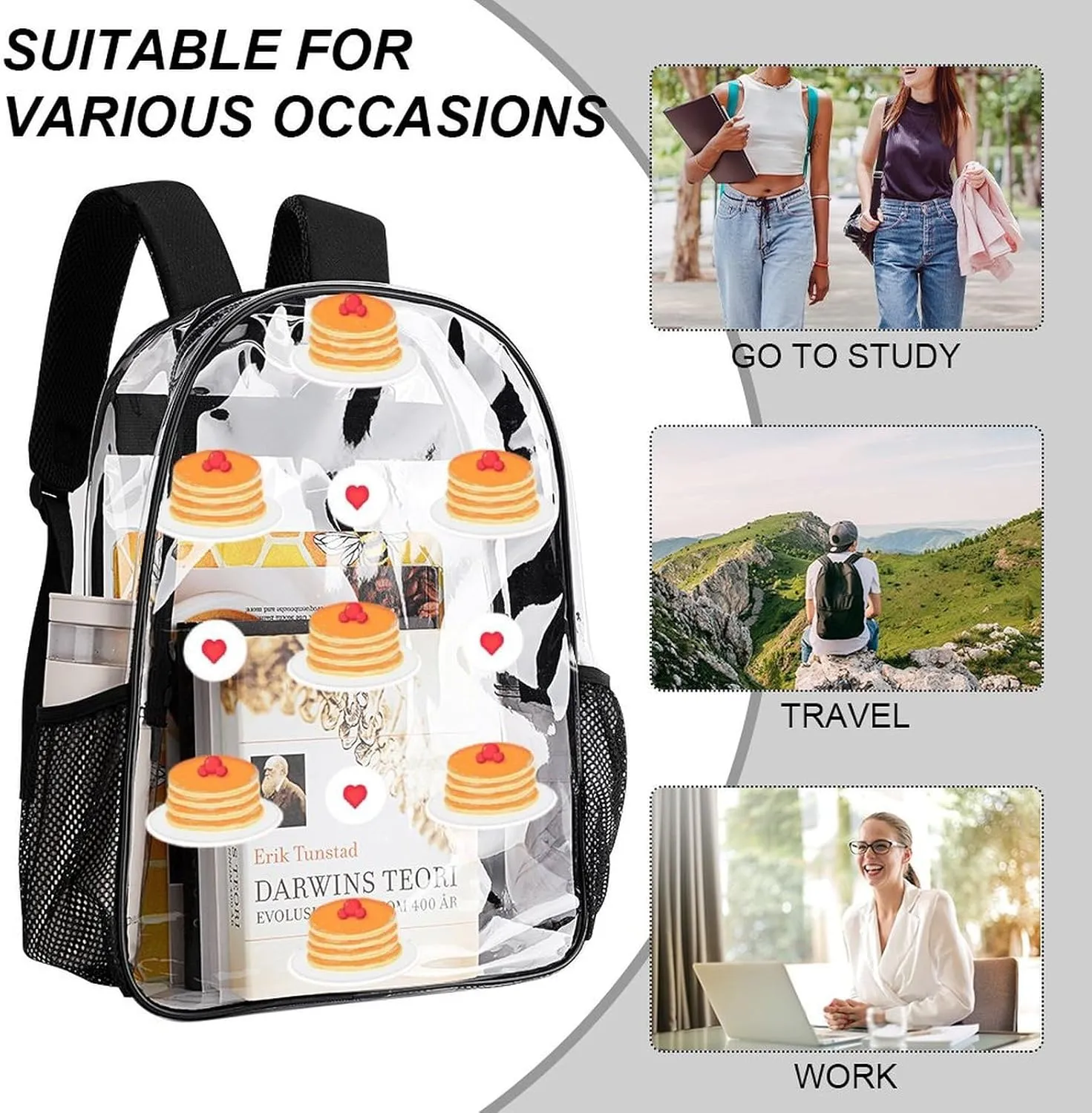 Clear Backpack Heavy Duty Cute Pancakes Berries 16 Inch for Stadium Events Concert Travel Work Sport Hiking Waterproof Sturdy Transparent Bag for Men Women
