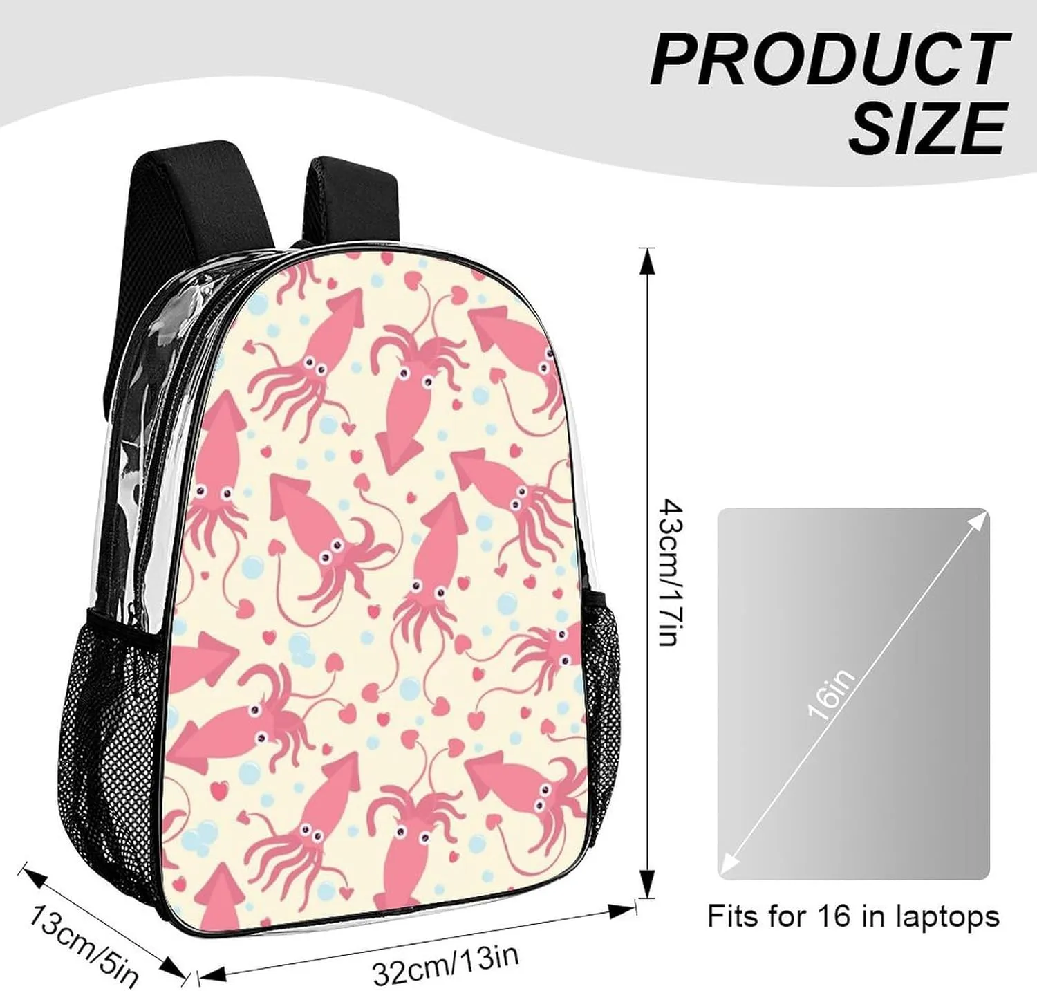 Clear Backpack Heavy Duty Pink Squid Heart 16 Inch for Stadium Events Concert Travel Work Sport Hiking Cute Sea Animal Waterproof Sturdy Transparent Bag for Men Women