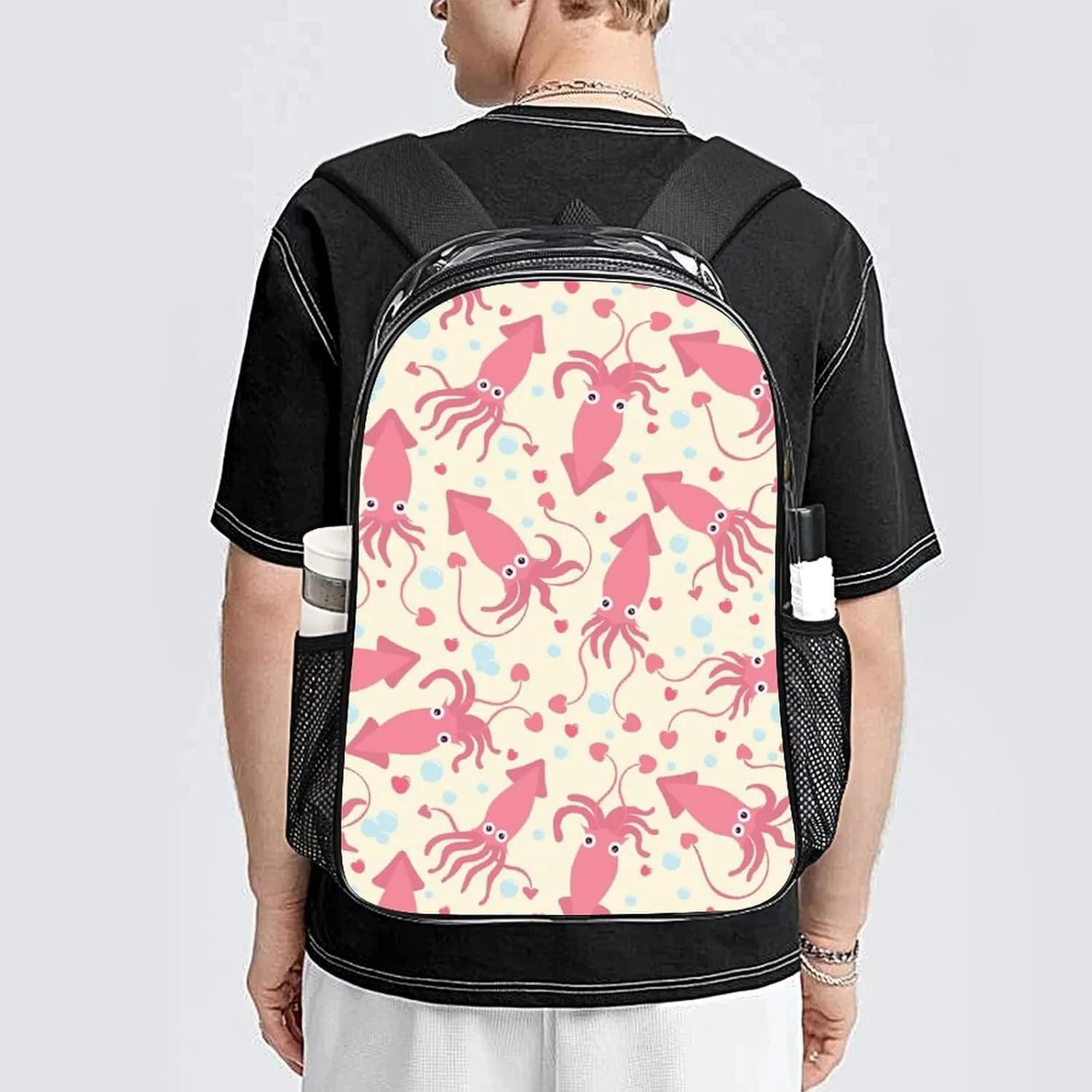 Clear Backpack Heavy Duty Pink Squid Heart 16 Inch for Stadium Events Concert Travel Work Sport Hiking Cute Sea Animal Waterproof Sturdy Transparent Bag for Men Women