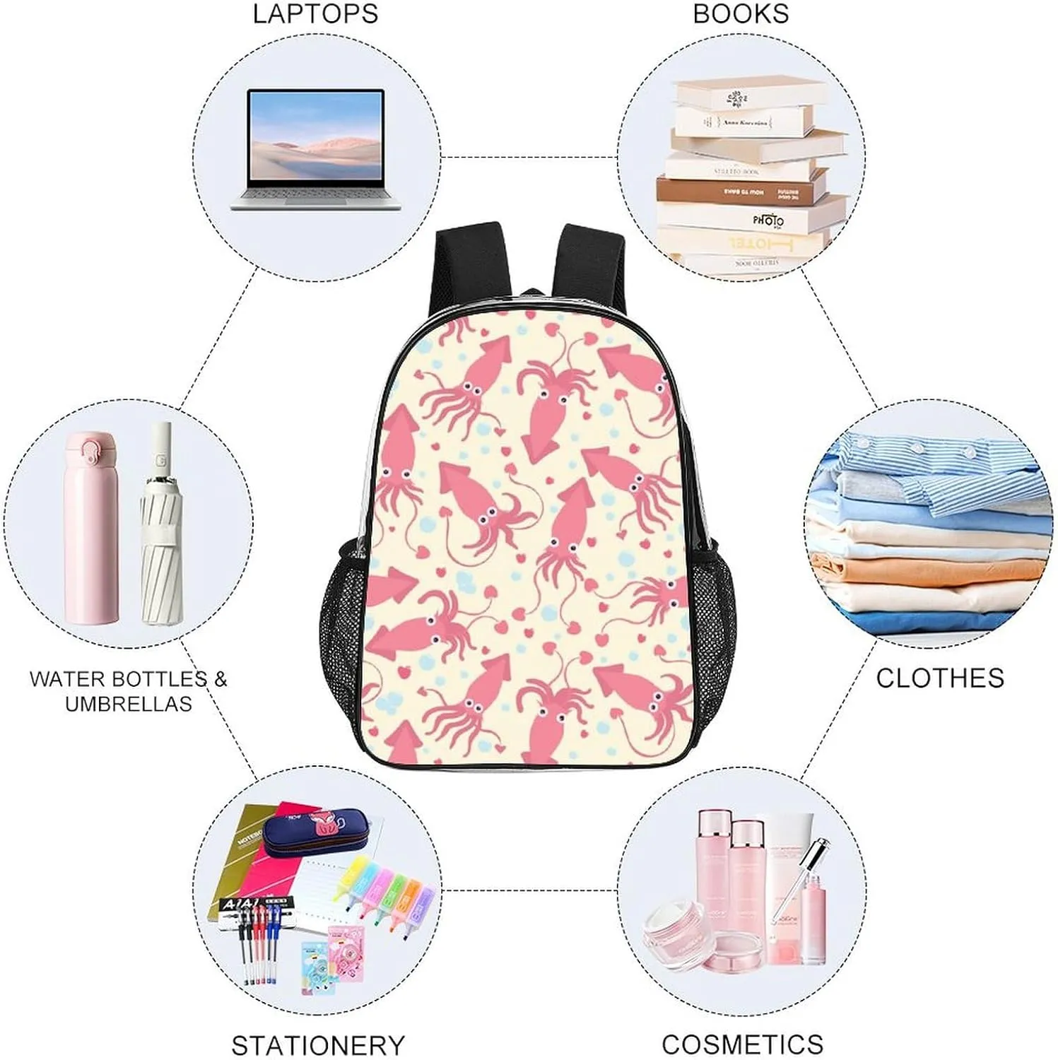 Clear Backpack Heavy Duty Pink Squid Heart 16 Inch for Stadium Events Concert Travel Work Sport Hiking Cute Sea Animal Waterproof Sturdy Transparent Bag for Men Women