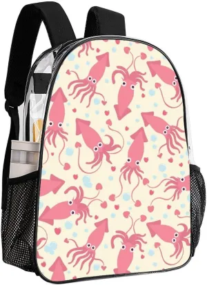 Clear Backpack Heavy Duty Pink Squid Heart 16 Inch for Stadium Events Concert Travel Work Sport Hiking Cute Sea Animal Waterproof Sturdy Transparent Bag for Men Women