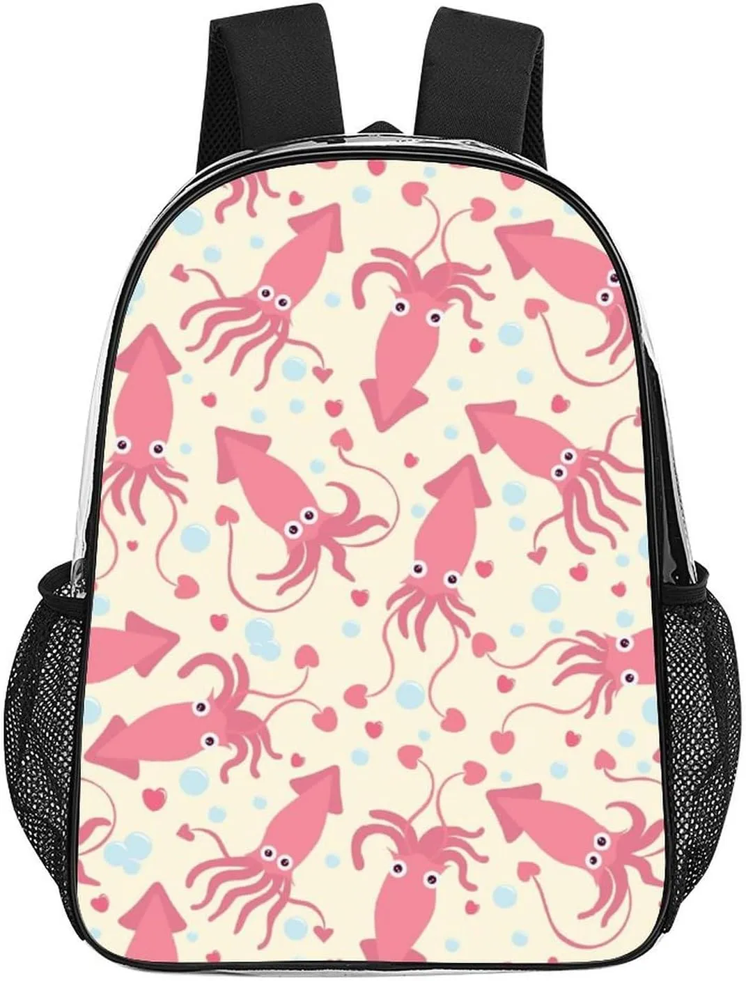 Clear Backpack Heavy Duty Pink Squid Heart 16 Inch for Stadium Events Concert Travel Work Sport Hiking Cute Sea Animal Waterproof Sturdy Transparent Bag for Men Women