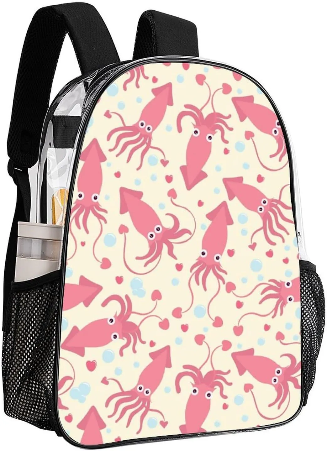 Clear Backpack Heavy Duty Pink Squid Heart 16 Inch for Stadium Events Concert Travel Work Sport Hiking Cute Sea Animal Waterproof Sturdy Transparent Bag for Men Women