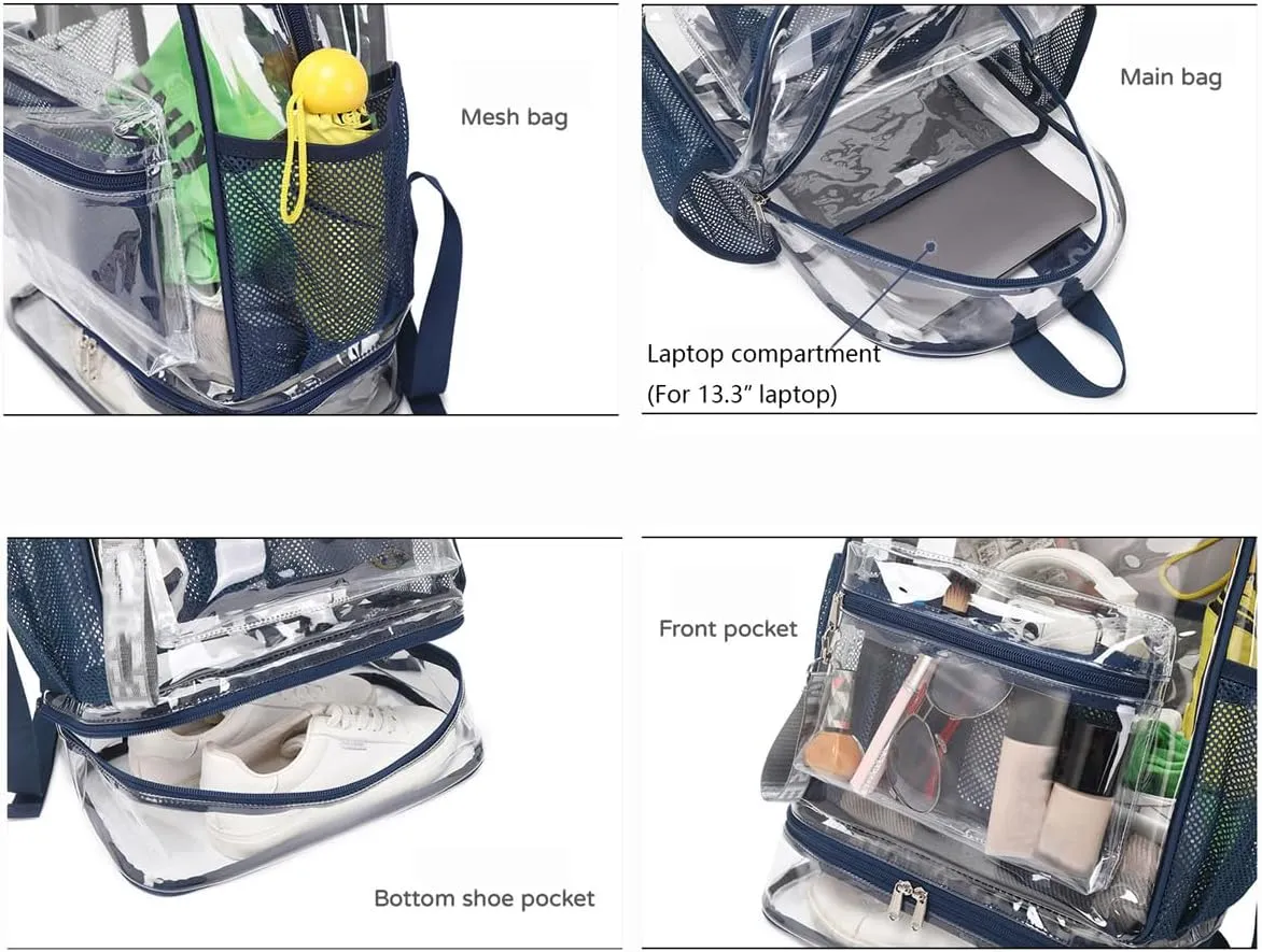 Clear Backpack Heavy Duty, See Through Backpack Purse, Gym Backpack with Laptop and Shoe Compartment (Blue), 32*19*45cm