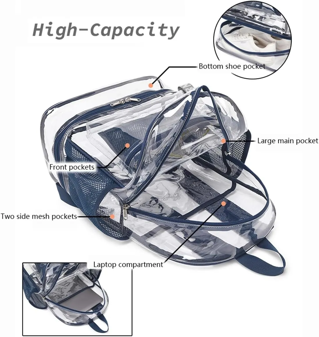 Clear Backpack Heavy Duty, See Through Backpack Purse, Gym Backpack with Laptop and Shoe Compartment (Blue), 32*19*45cm