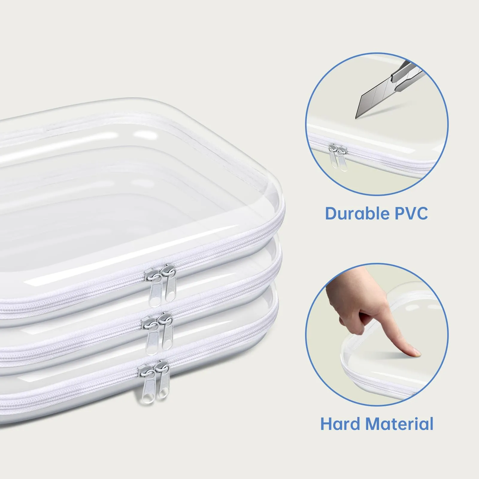 Clear Hard Plastic Zipper Case,Transparent Double Zippers Hard Pouch with 3pcs,Portable Travel Organizer Bin for Toy Storage