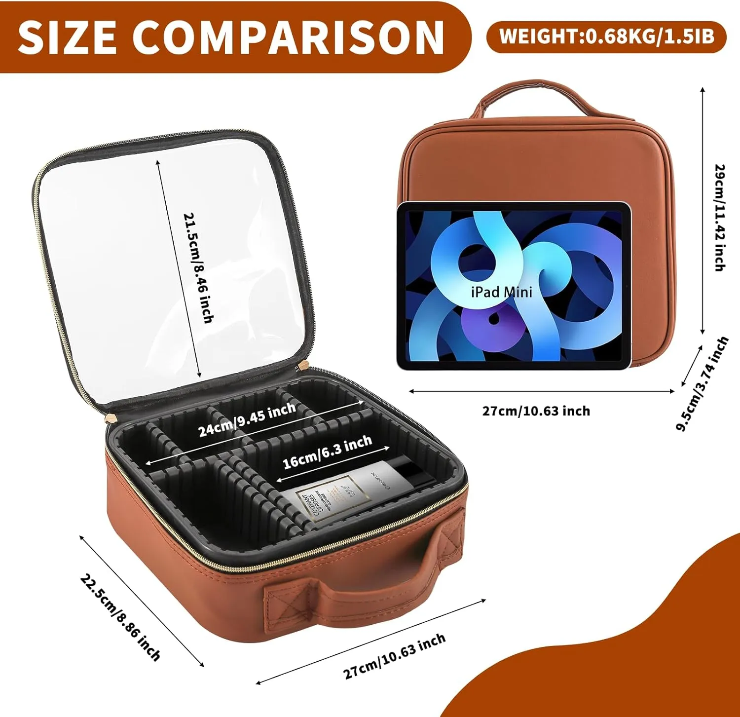 Clear Makeup Bag 10.6X3.7X8.7 inch Travel Cosmetic Organizer Bags for Women with Handle and Detachable Dividers, Portable Waterproof Cosmetic case, Gift for Women, Gift for Girls(Brown)
