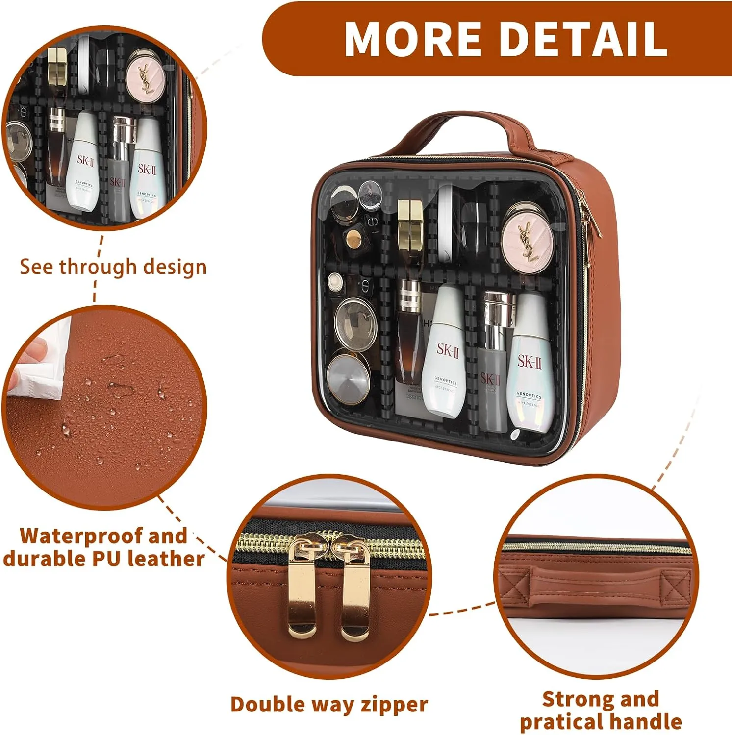 Clear Makeup Bag 10.6X3.7X8.7 inch Travel Cosmetic Organizer Bags for Women with Handle and Detachable Dividers, Portable Waterproof Cosmetic case, Gift for Women, Gift for Girls(Brown)