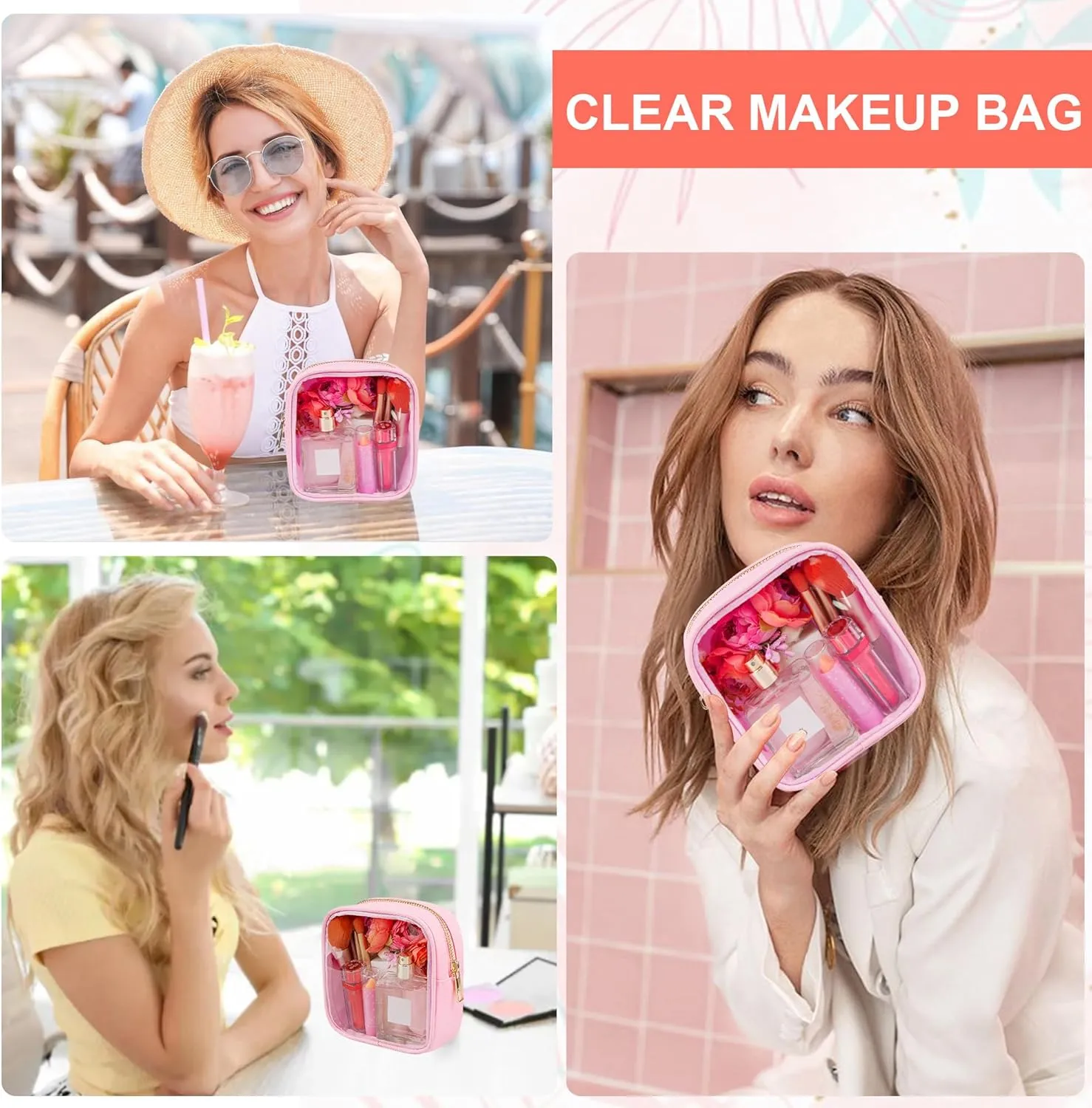 Clear Makeup Bag for Purse 3 Pcs Small Nylon Zipper Pouch Mini Travel Cosmetic Bag Clear Toiletry Bags for Traveling Cute Makeup Organizer for Women (3pcs clear bags-pink beige blue)