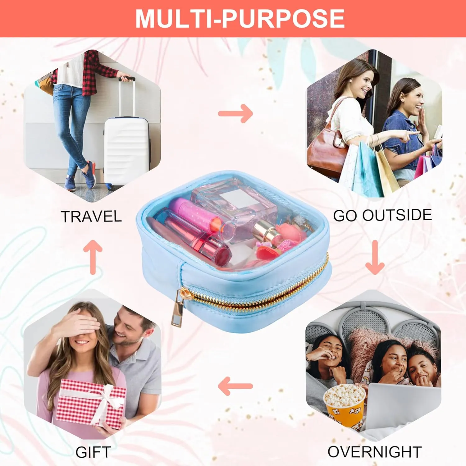 Clear Makeup Bag for Purse 3 Pcs Small Nylon Zipper Pouch Mini Travel Cosmetic Bag Clear Toiletry Bags for Traveling Cute Makeup Organizer for Women (3pcs clear bags-pink beige blue)