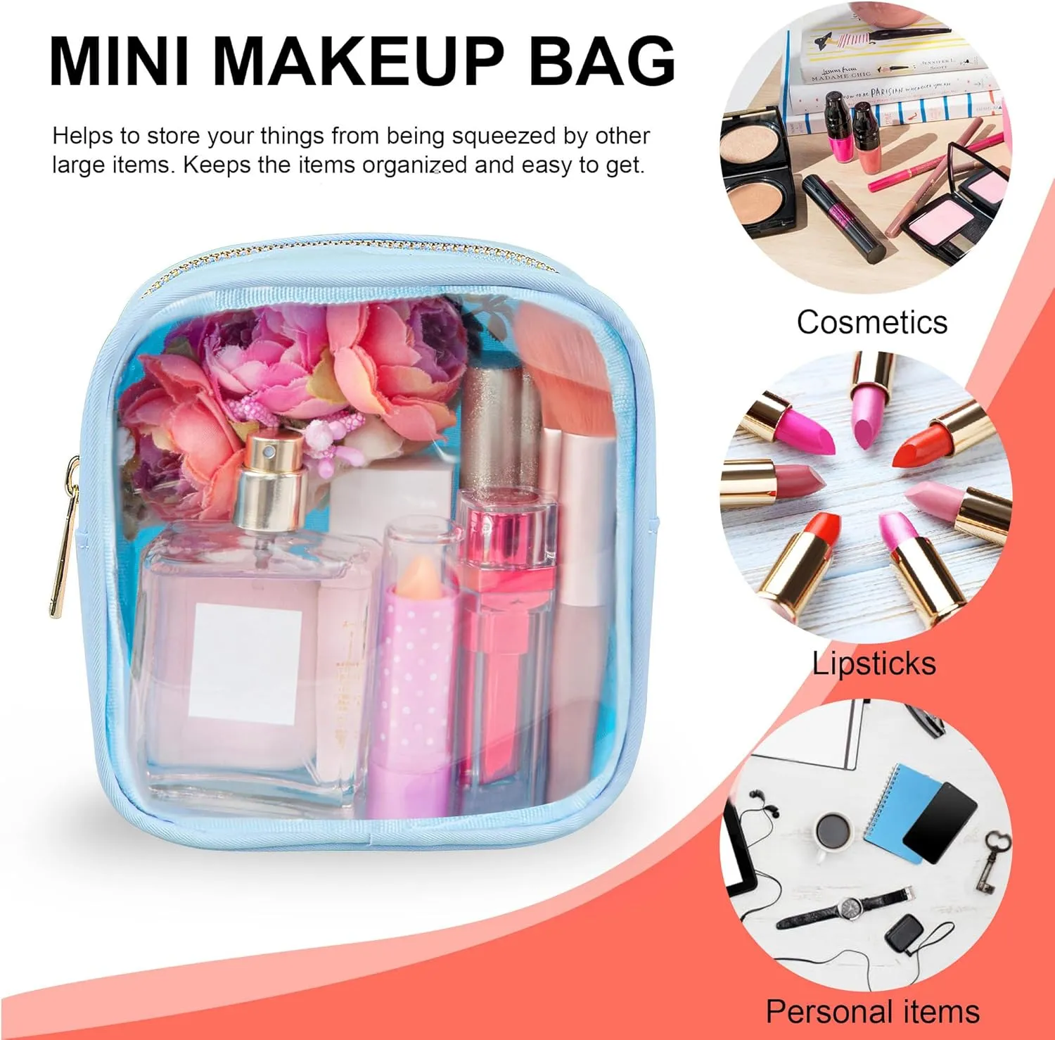 Clear Makeup Bag for Purse 3 Pcs Small Nylon Zipper Pouch Mini Travel Cosmetic Bag Clear Toiletry Bags for Traveling Cute Makeup Organizer for Women (3pcs clear bags-pink beige blue)