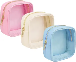 Clear Makeup Bag for Purse 3 Pcs Small Nylon Zipper Pouch Mini Travel Cosmetic Bag Clear Toiletry Bags for Traveling Cute Makeup Organizer for Women (3pcs clear bags-pink beige blue)