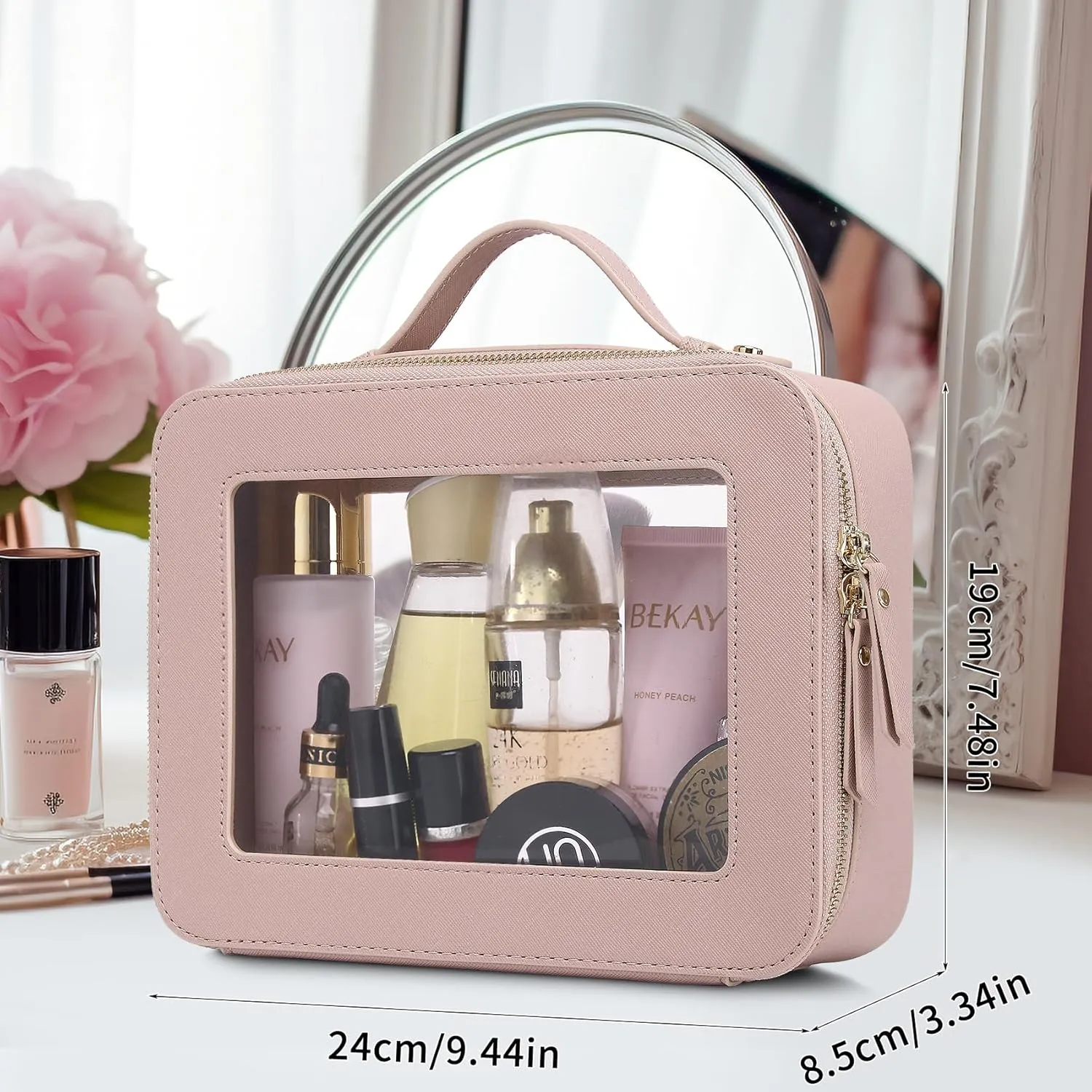 Clear Makeup Bag for Women Waterproof Travel Cosmetics and Toiletries Case Portable Makeup Oaganizer Bag Clear Car Bag with Zipper (Pink, L-1)