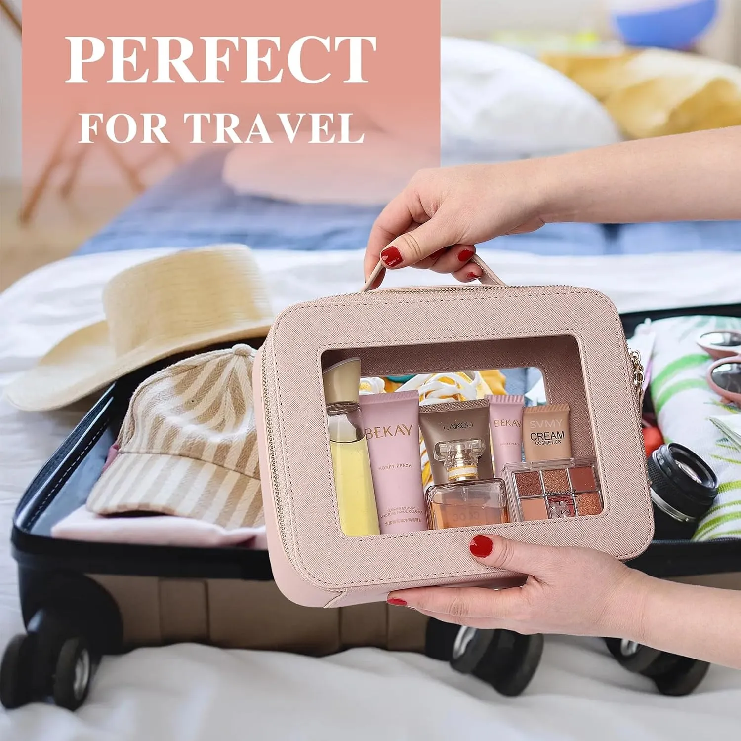 Clear Makeup Bag for Women Waterproof Travel Cosmetics and Toiletries Case Portable Makeup Oaganizer Bag Clear Car Bag with Zipper (Pink, L-1)